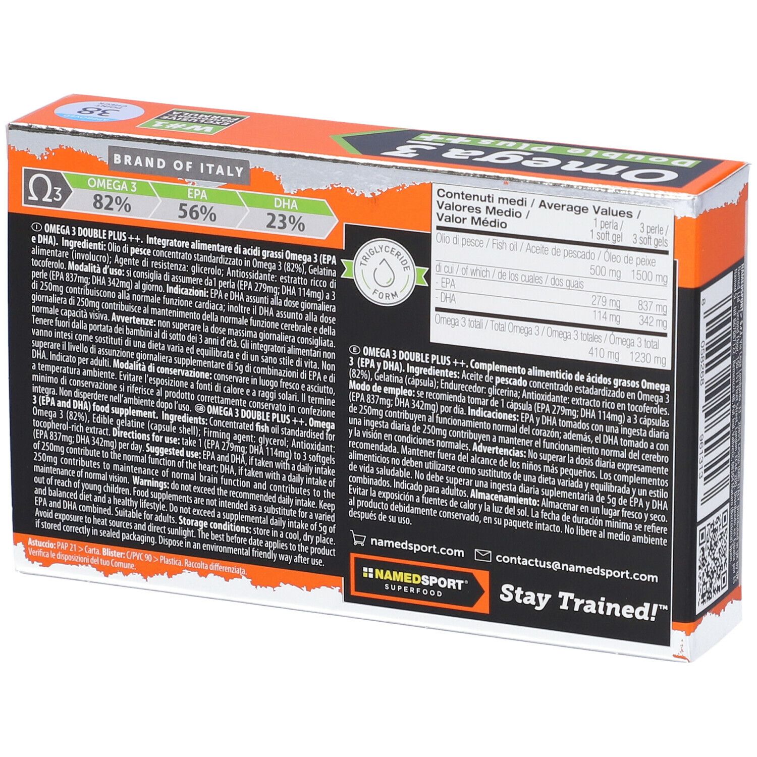 Retro della confezione NAMEDSPORT Omega 3 Double Plus++. Informazioni sugli ingredienti e valori nutrizionali. Certificazione IFOS.