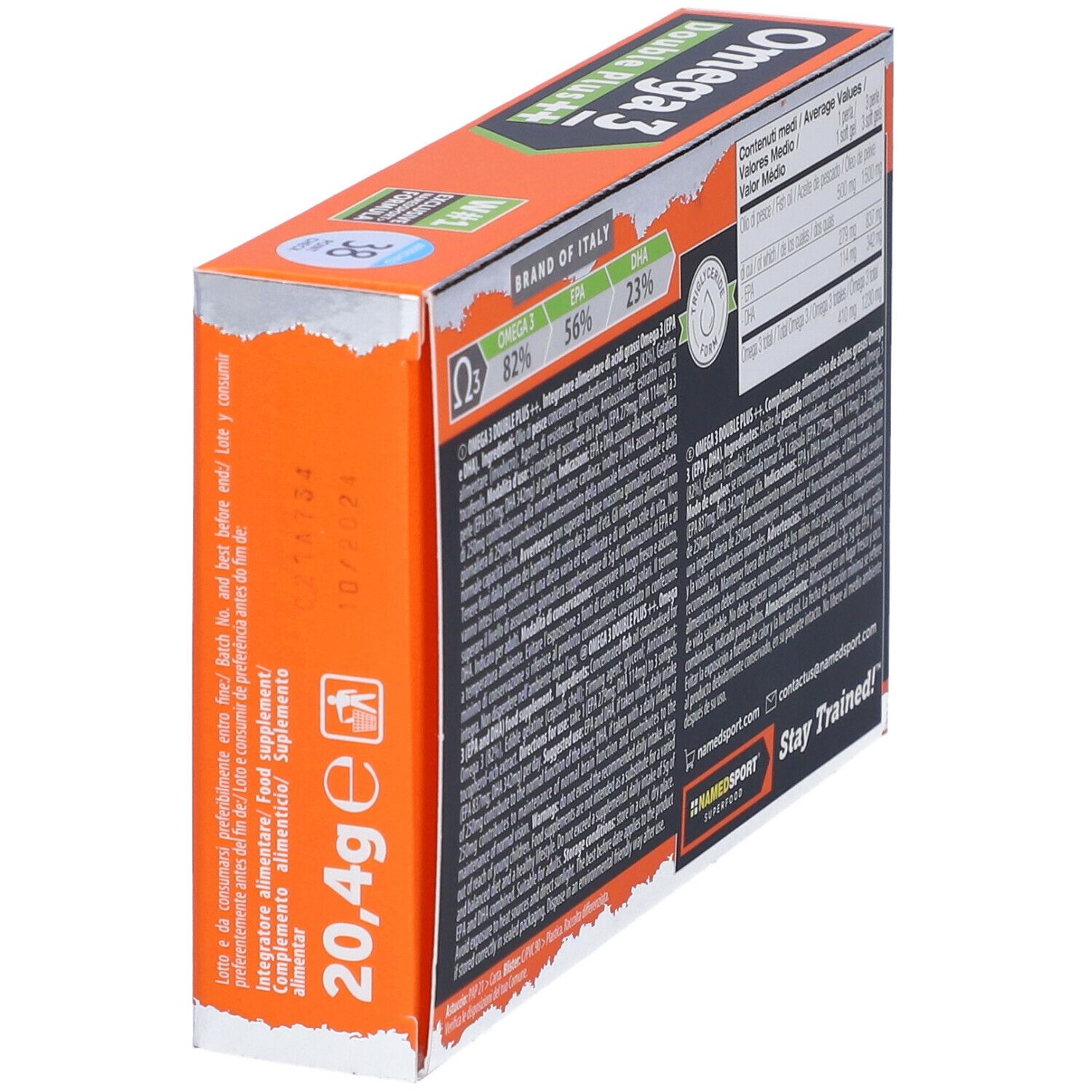Retro della confezione NAMEDSPORT Omega 3 Double Plus++, angolata. Informazioni. Certificazione IFOS. 20,4g.