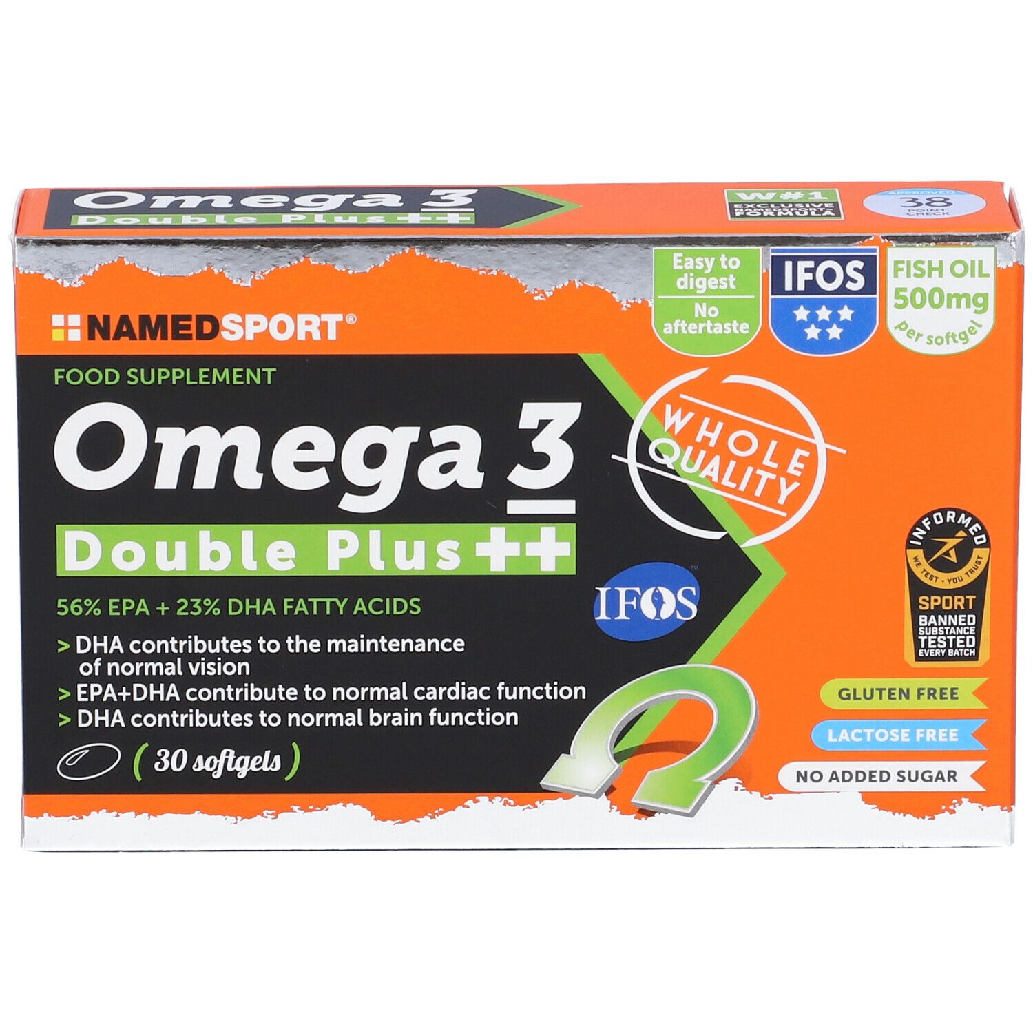Confezione NAMEDSPORT Omega 3 Double Plus++. Arancione e nero. 30 softgel. Certificazione IFOS. Senza glutine, lattosio e zuccheri aggiunti.