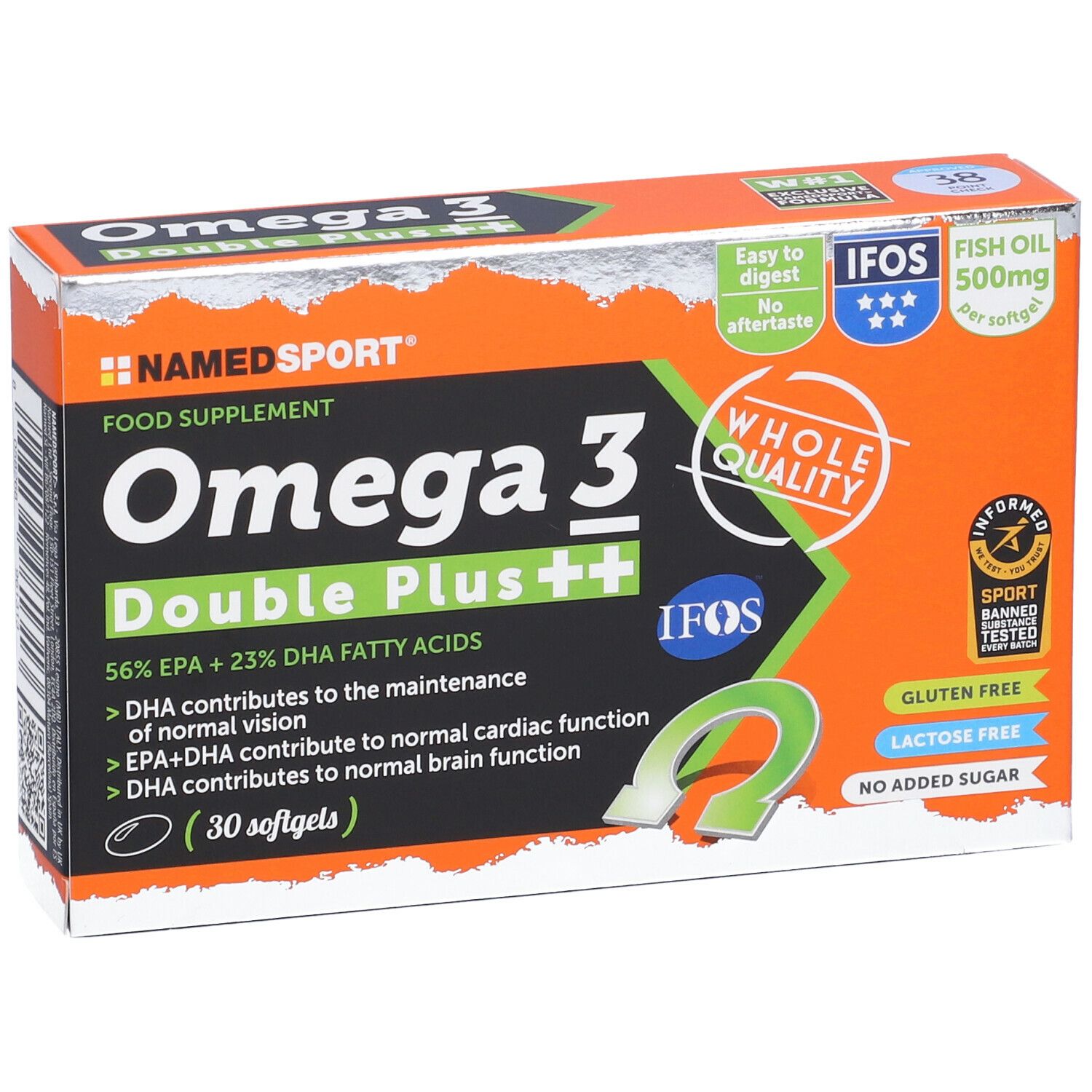 Confezione NAMEDSPORT Omega 3 Double Plus++. Arancione e nero. 30 softgel. Certificazione IFOS. Senza glutine, lattosio e zuccheri aggiunti.