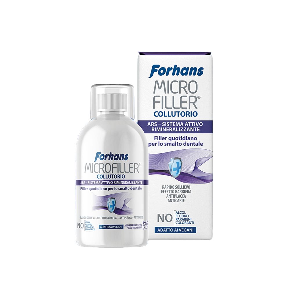 Forhans Microfiller Mundwasser in weißer Flasche und Kartonverpackung. Enthält ARS-System für Zahnschmelz.