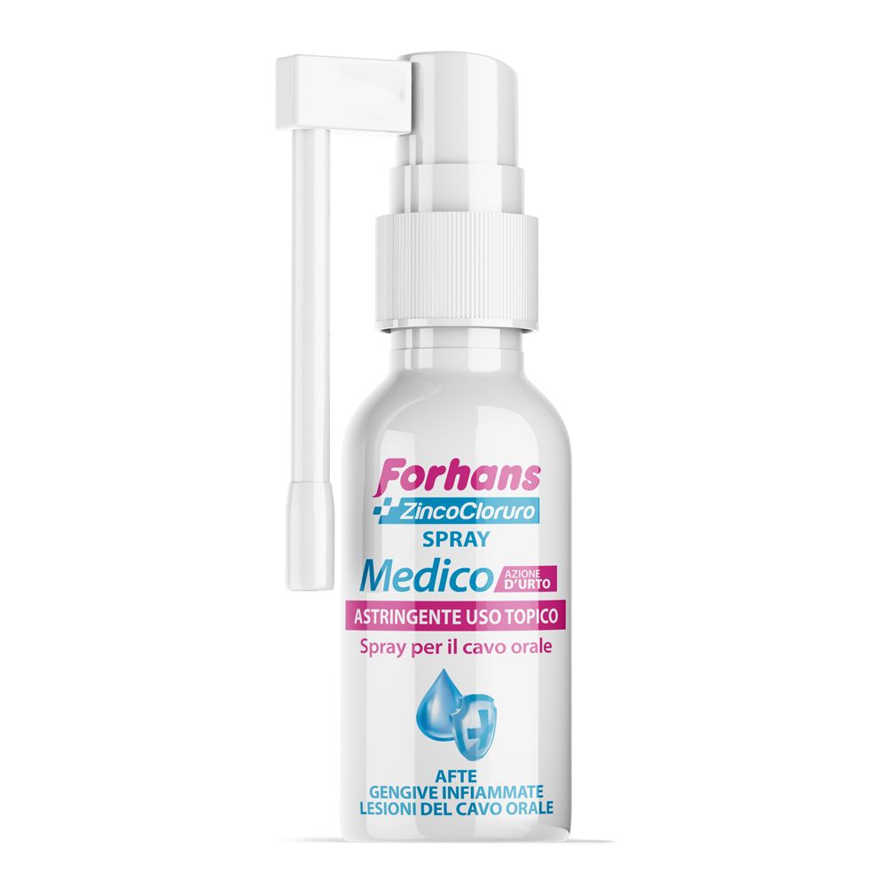 Spray bianco con erogatore. Scritta: Forhans Medico Spray Cavo Orale. Scritta: ZincoCloruro.