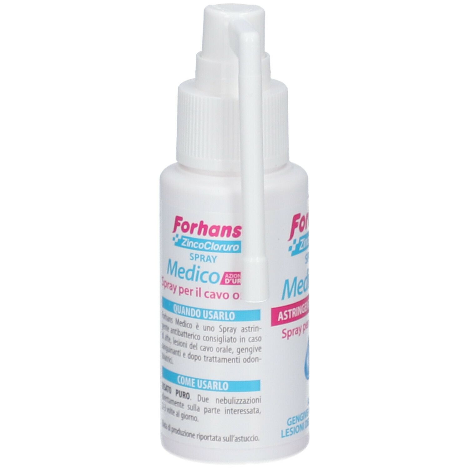 Spray bianco con erogatore. Scritta: Forhans Medico Spray Cavo Orale. Scritta: ZincoCloruro.