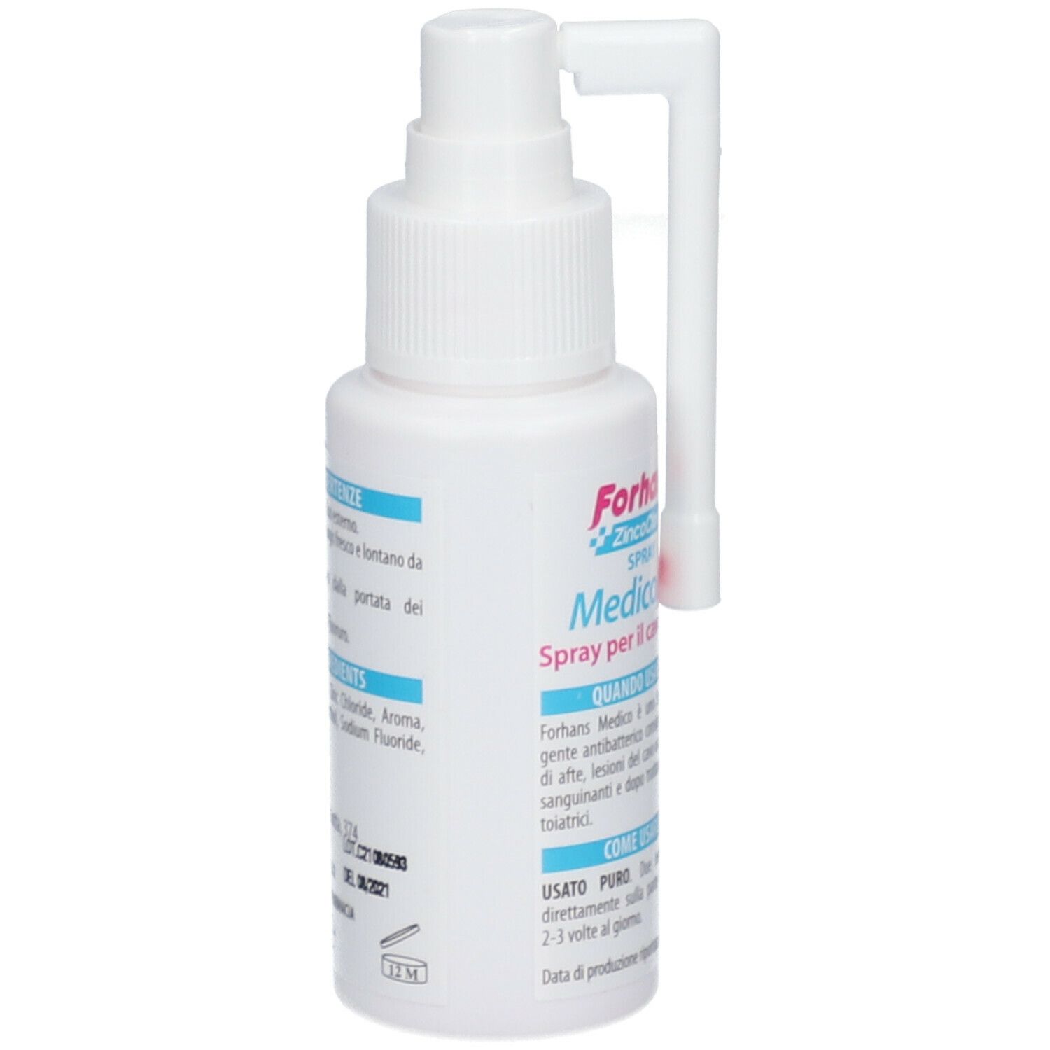 Spray bianco con erogatore. Scritta: Forhans Medico Spray Cavo Orale. Scritta: ZincoCloruro.