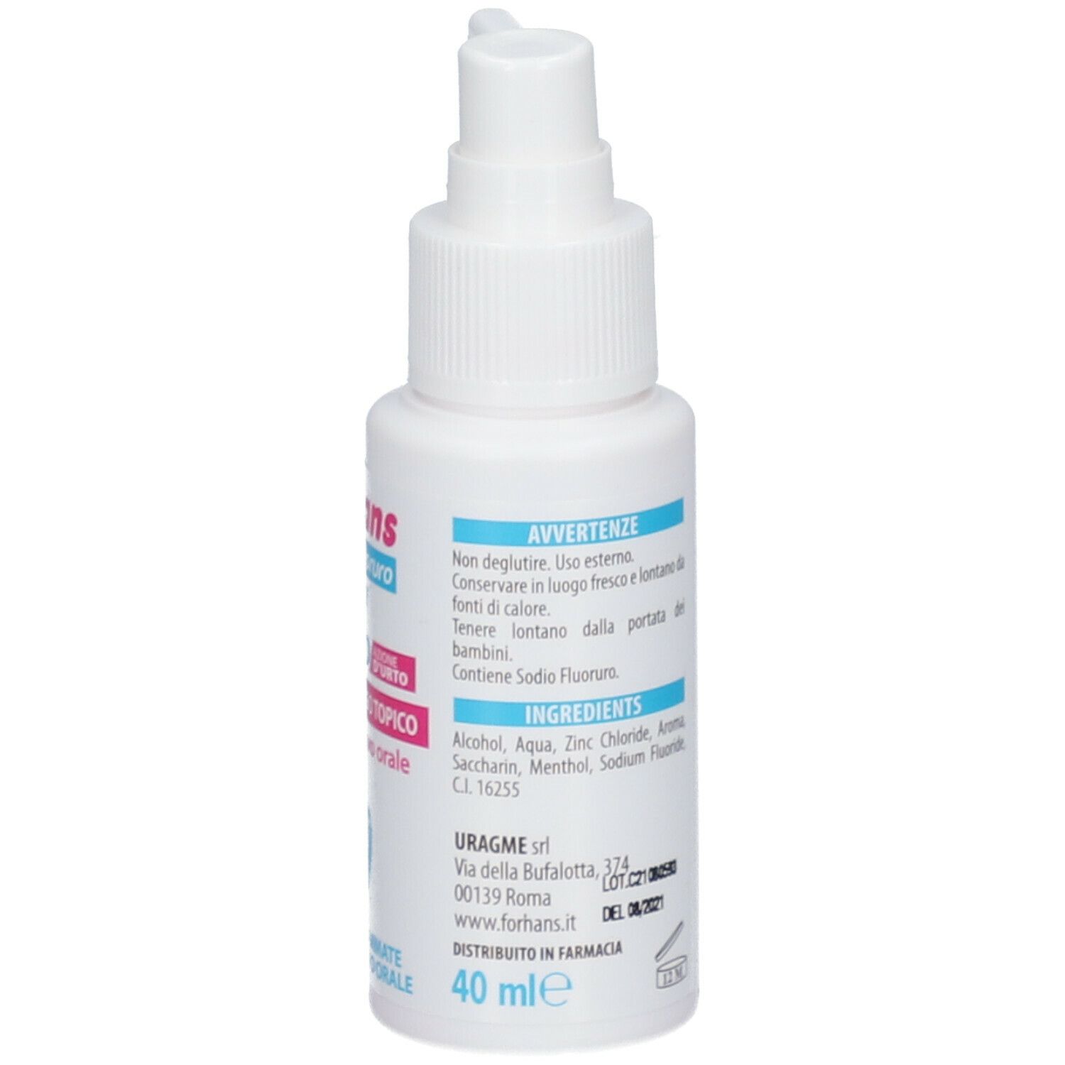 Spray bianco con erogatore. Scritta: Forhans Medico Spray Cavo Orale. Scritta: ZincoCloruro.