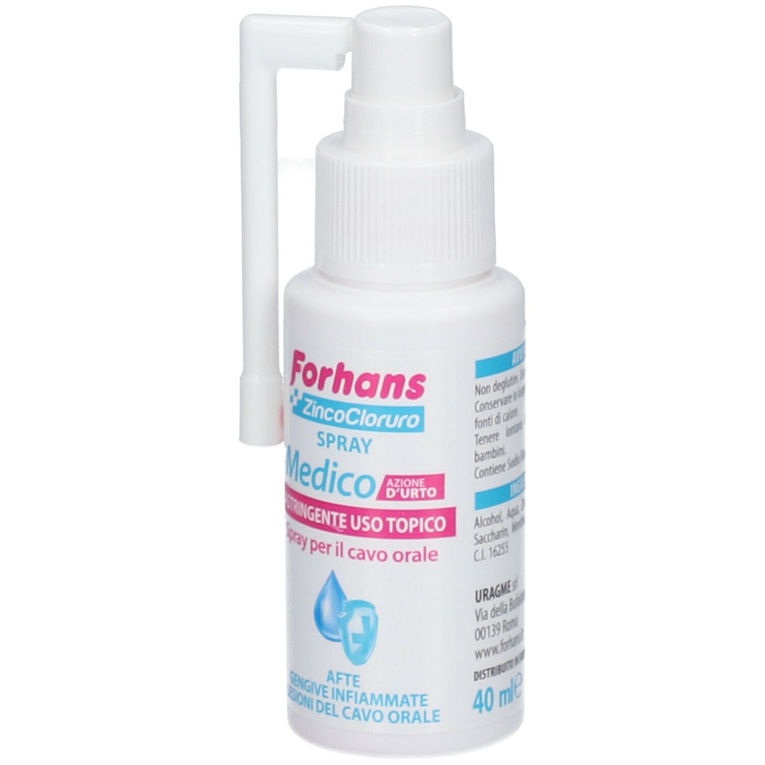 Spray bianco con erogatore. Scritta: Forhans Medico Spray Cavo Orale. Scritta: ZincoCloruro.