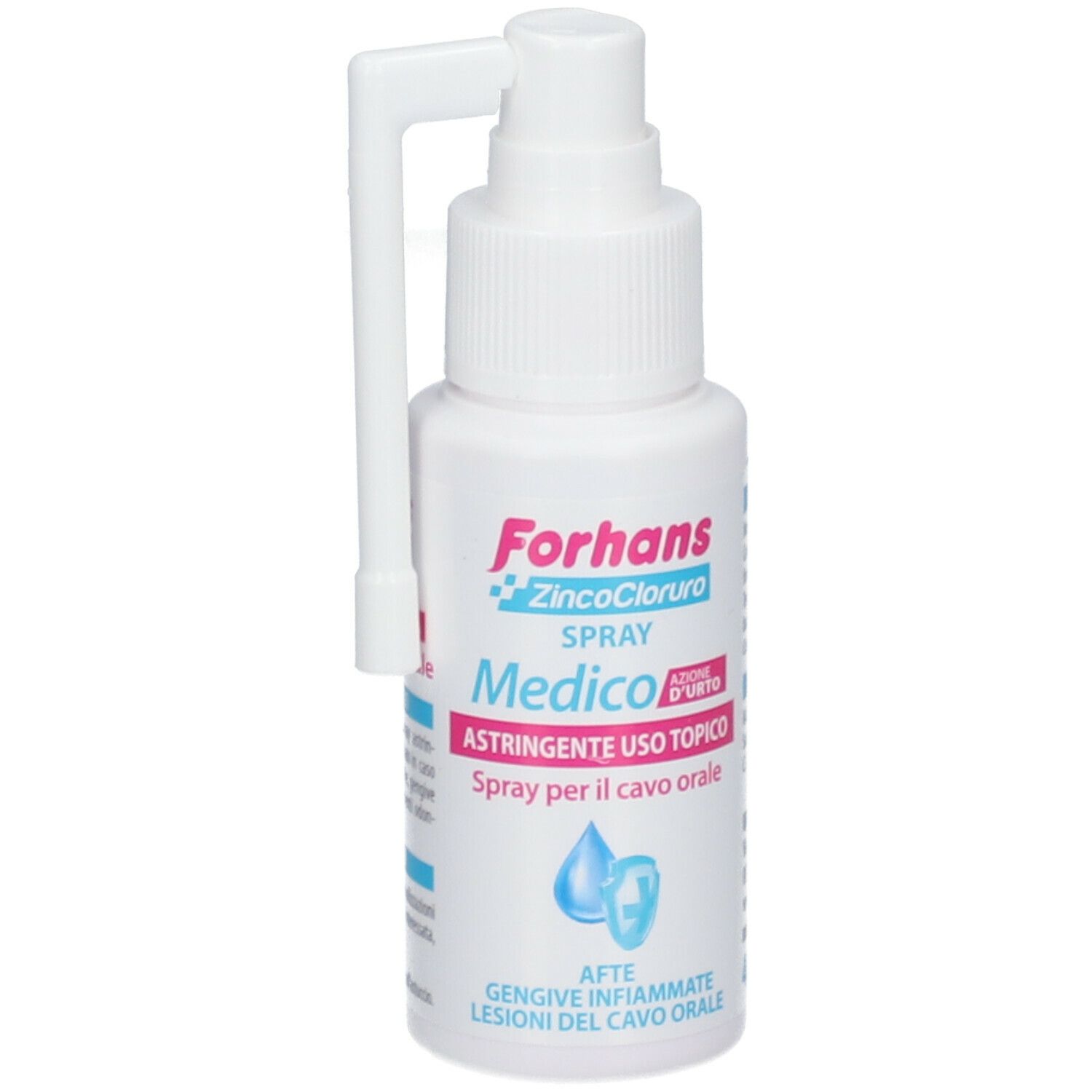 Spray bianco con erogatore. Scritta: Forhans Medico Spray Cavo Orale. Scritta: ZincoCloruro.