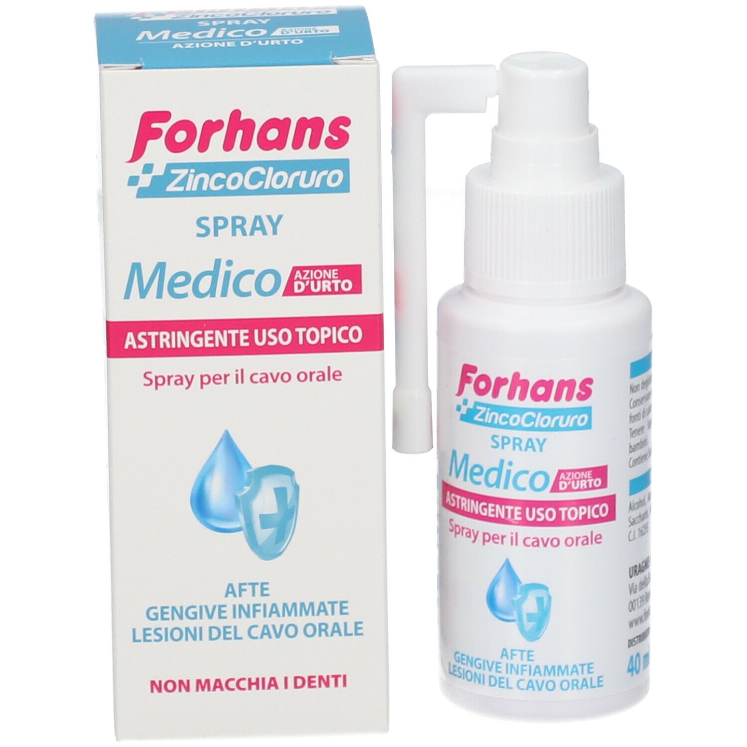 Confezione e spray. Scritta: Forhans Medico Spray Cavo Orale. Scritta: ZincoCloruro.