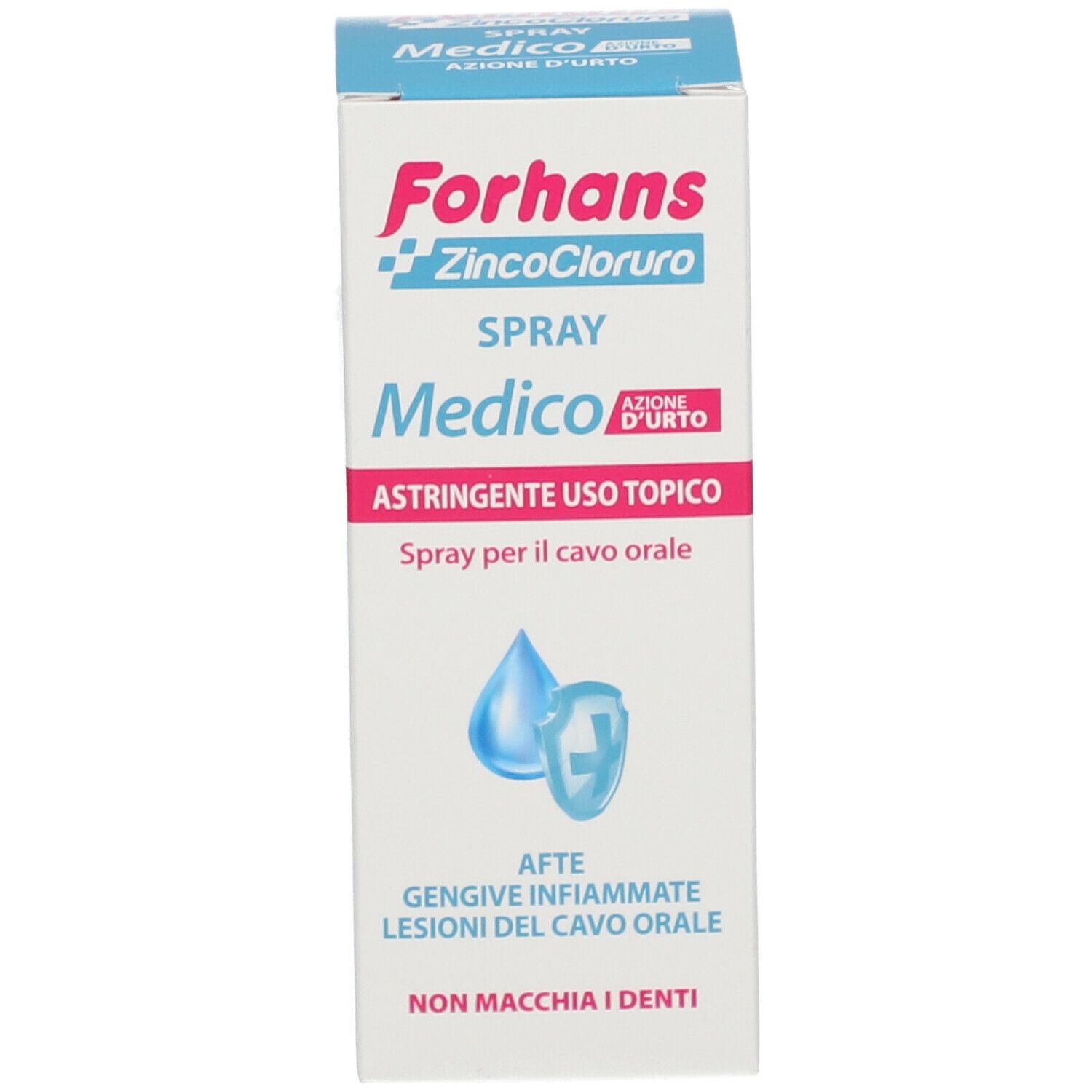 Confezione del prodotto. Scritta: Forhans Medico Spray Cavo Orale. Scritta: ZincoCloruro.