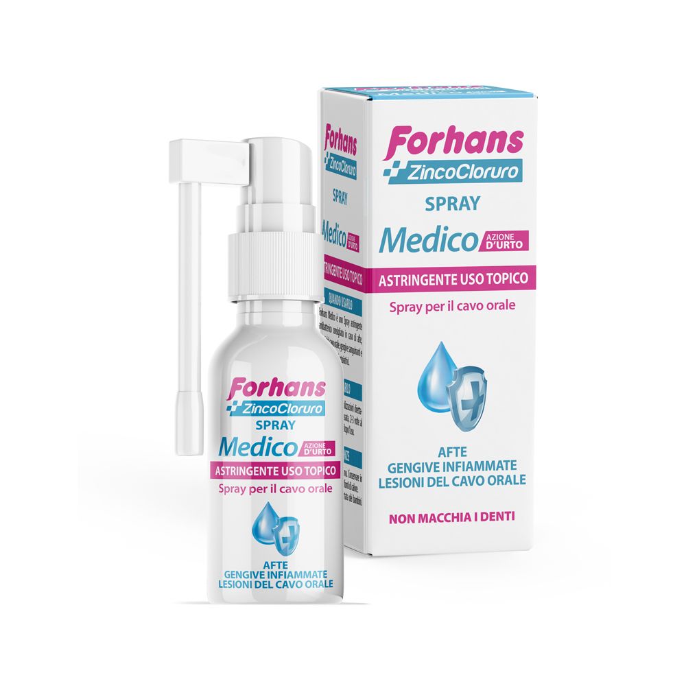 Confezione e spray. Scritta: Forhans Medico Spray Cavo Orale. Scritta: ZincoCloruro.