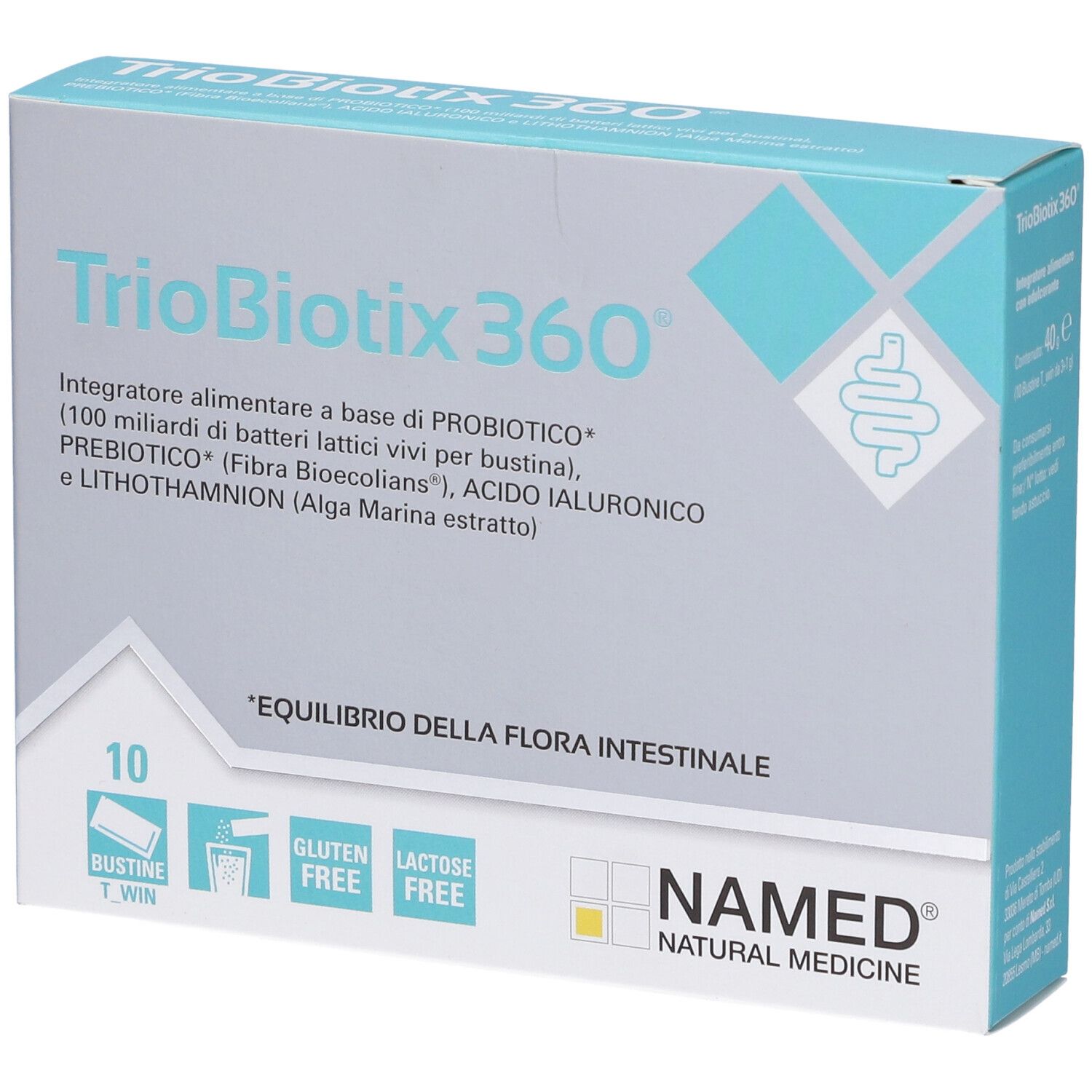 Confezione di NAMED Triobiotix 360. Contiene 10 bustine. Senza glutine e lattosio. Marchio e nome del prodotto visibili.