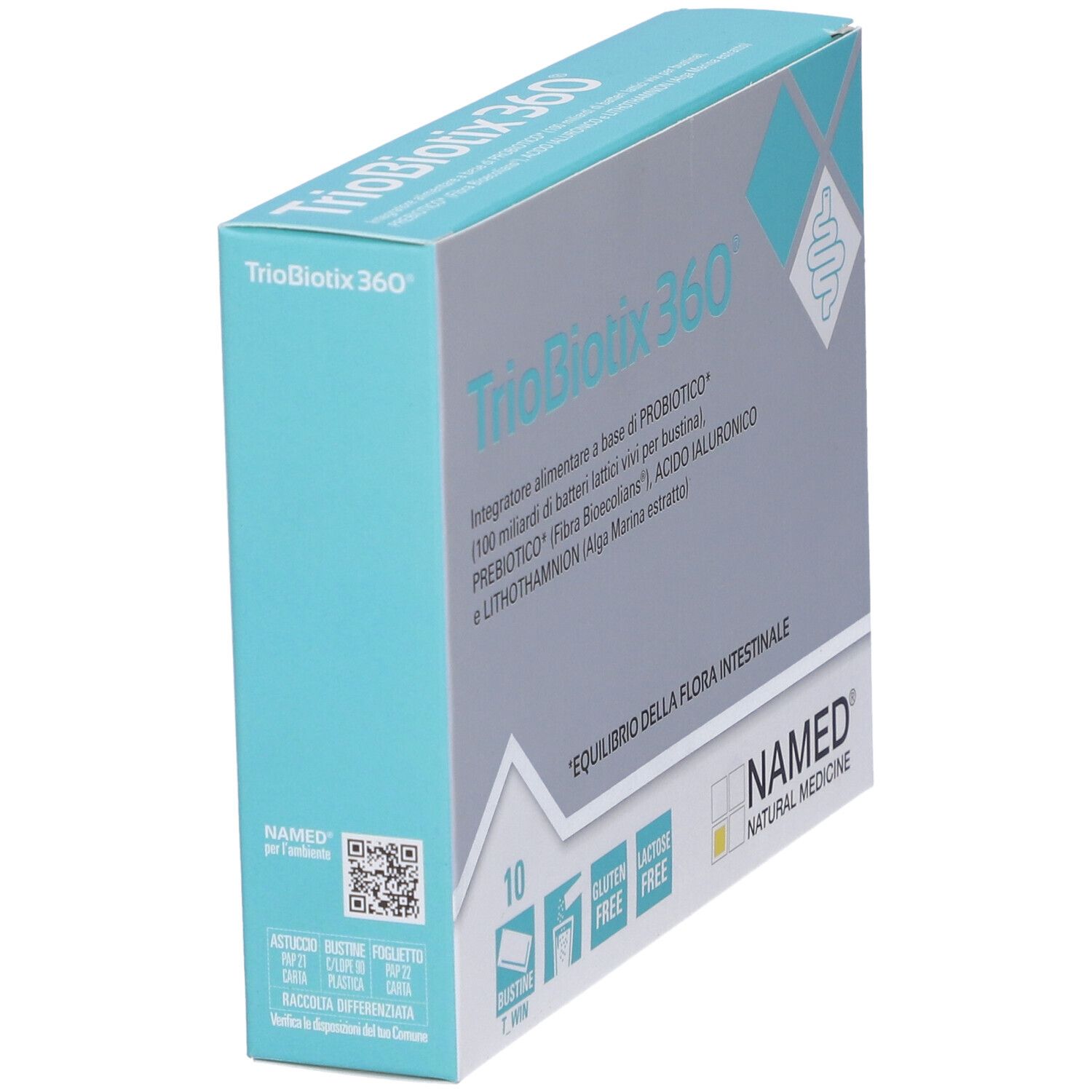 Vista angolata della confezione NAMED Triobiotix 360. Nome del prodotto e marchio visibili. Contiene 10 bustine.