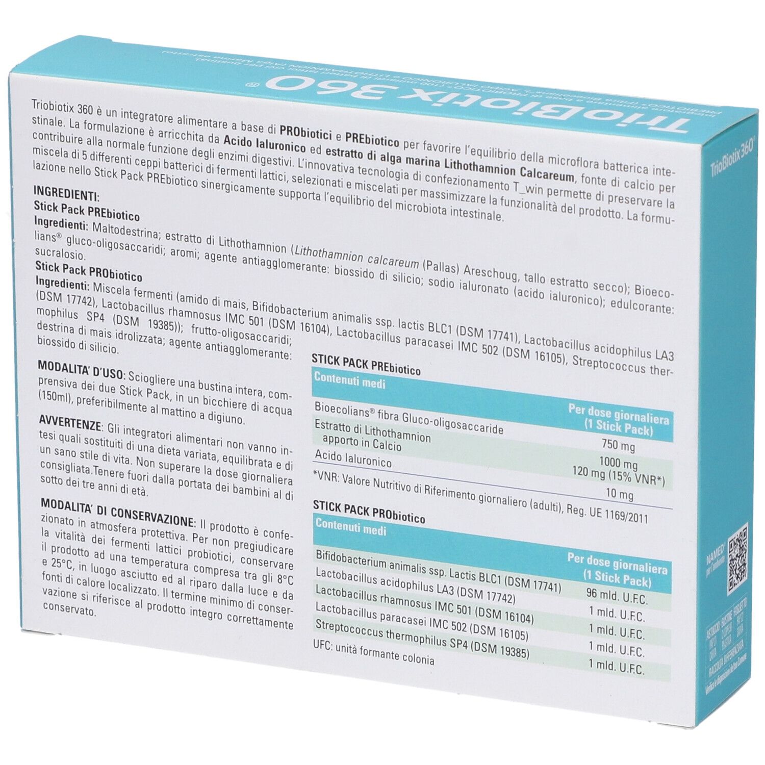 Retro della confezione di Triobiotix 360. Informazioni testuali su ingredienti e valori nutrizionali. Marchio NAMED.
