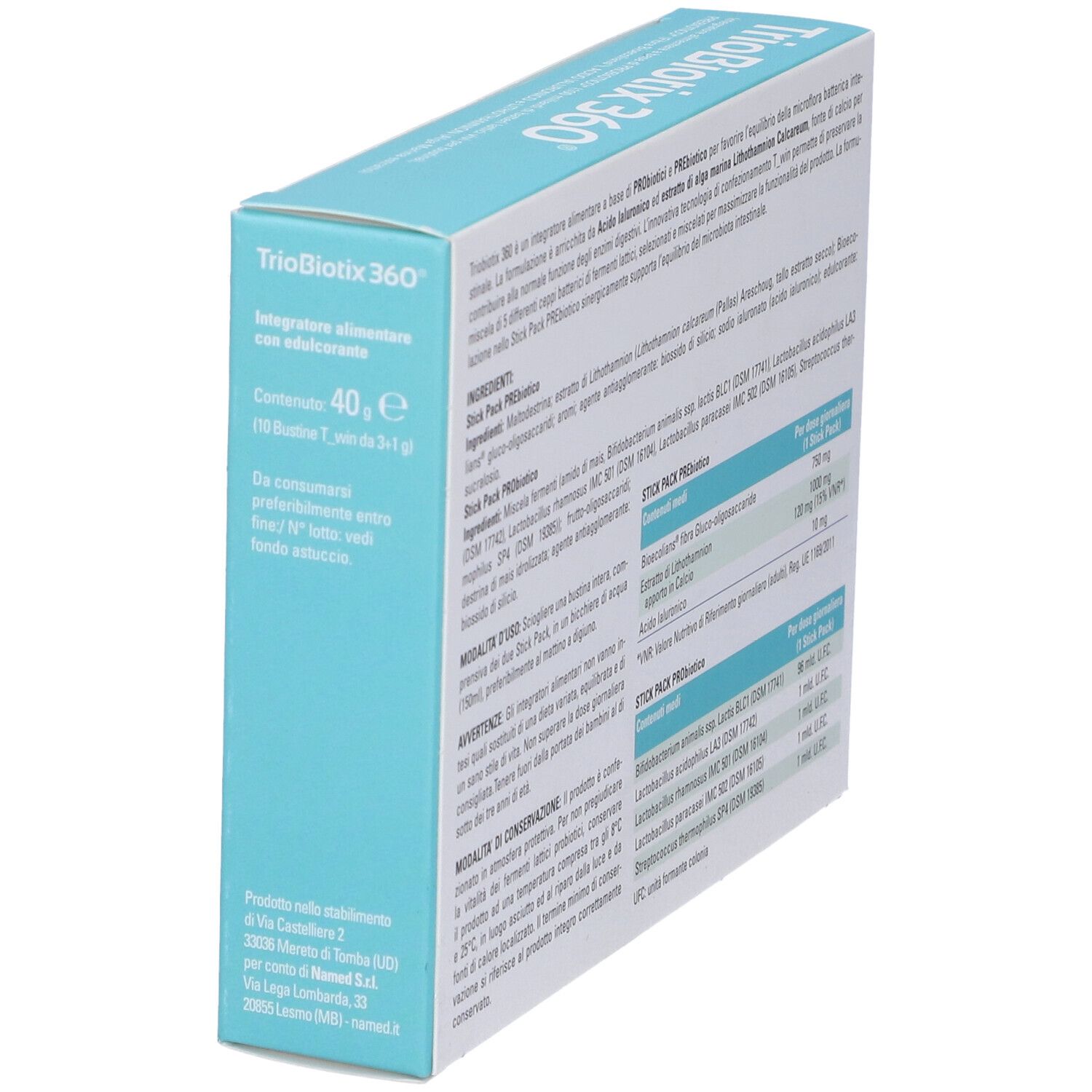 Vista angolata della confezione Triobiotix 360. Informazioni testuali e ingredienti. Marchio NAMED.