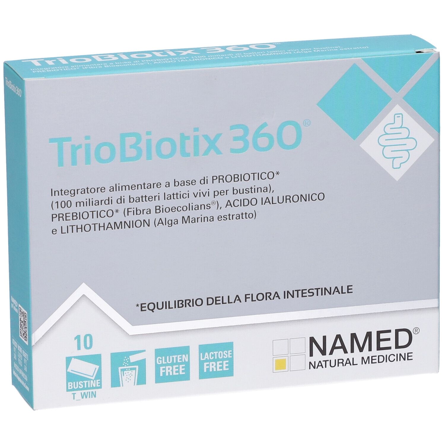 Confezione di NAMED Triobiotix 360. Contiene 10 bustine. Senza glutine e lattosio. Marchio e nome del prodotto visibili.