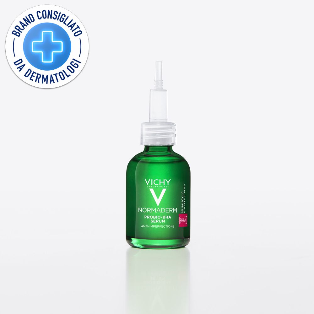 Flacone verde di siero Vichy Normaderm. Marchio "Brand consigliato da dermatologi".