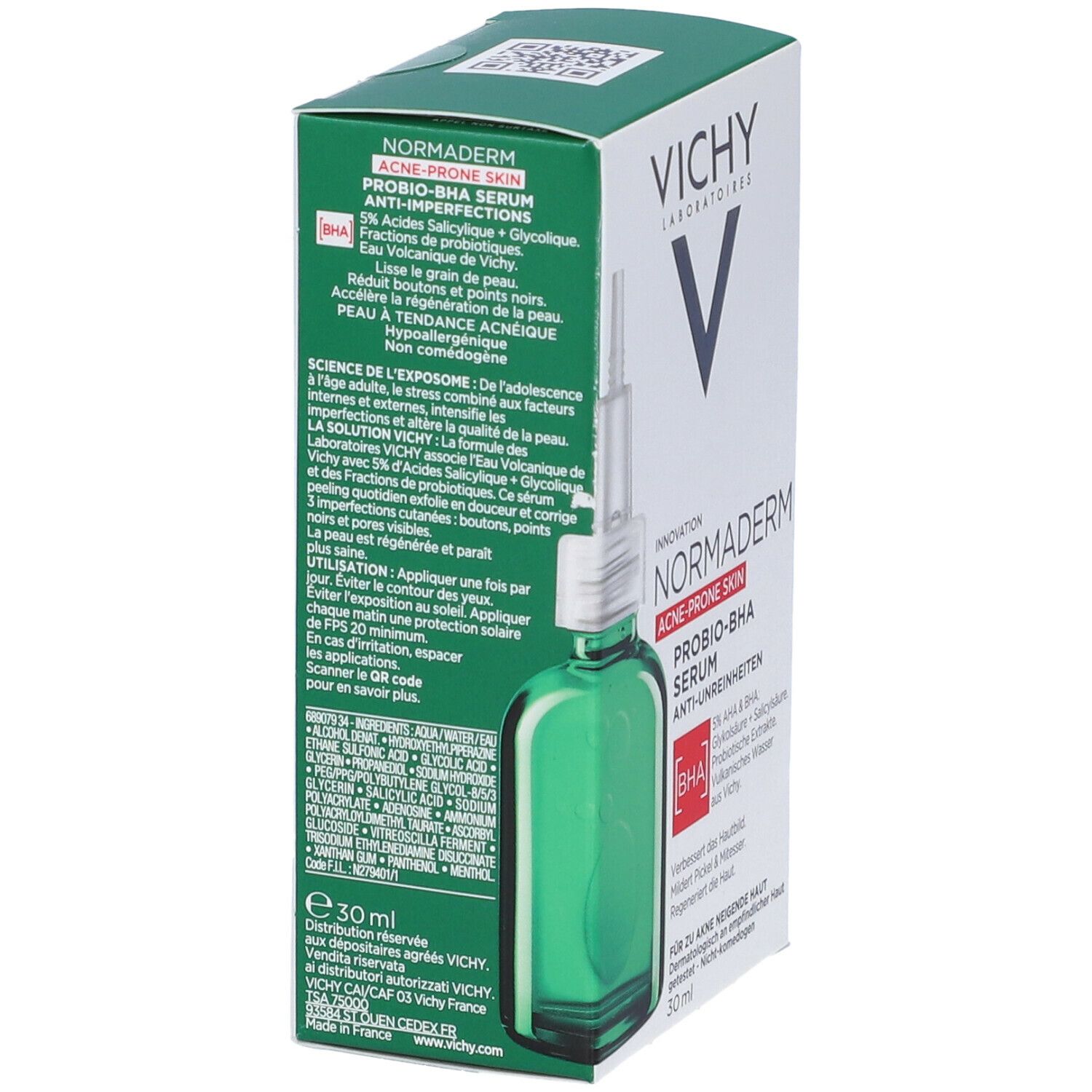 Confezione Vichy Normaderm Serum, vista laterale. Informazioni prodotto.
