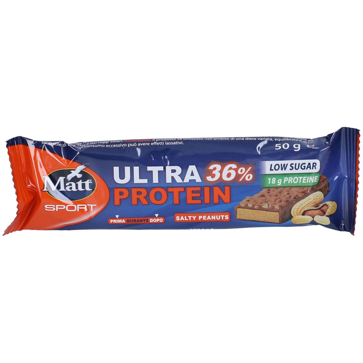 Confezione di barretta Matt® Ultra Protein Salty Peanuts. Confezione blu con testo e arachidi.