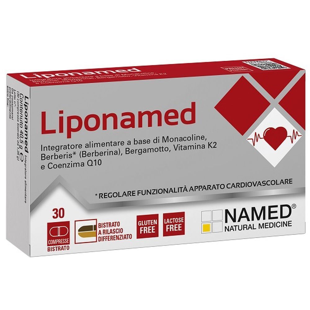 Schachtel mit 'Liponamed'. Rote und weiße Verpackung mit Produktnamen, Inhaltsstoffen und Logo. 30 Tabletten.