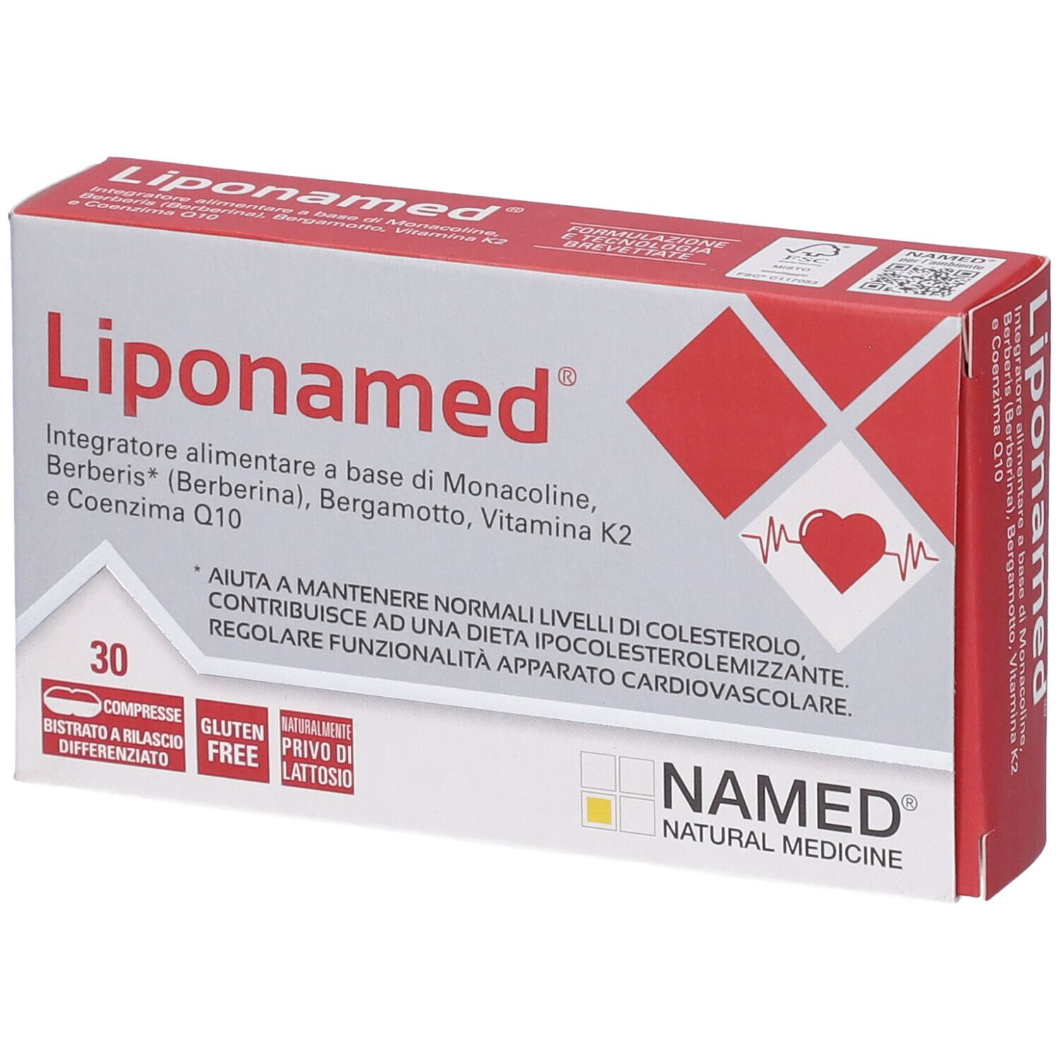Verpackung 'Liponamed'. Rote und weiße Schachtel mit Produktnamen, Inhaltsstoffen und Logo. 30 Tabletten.