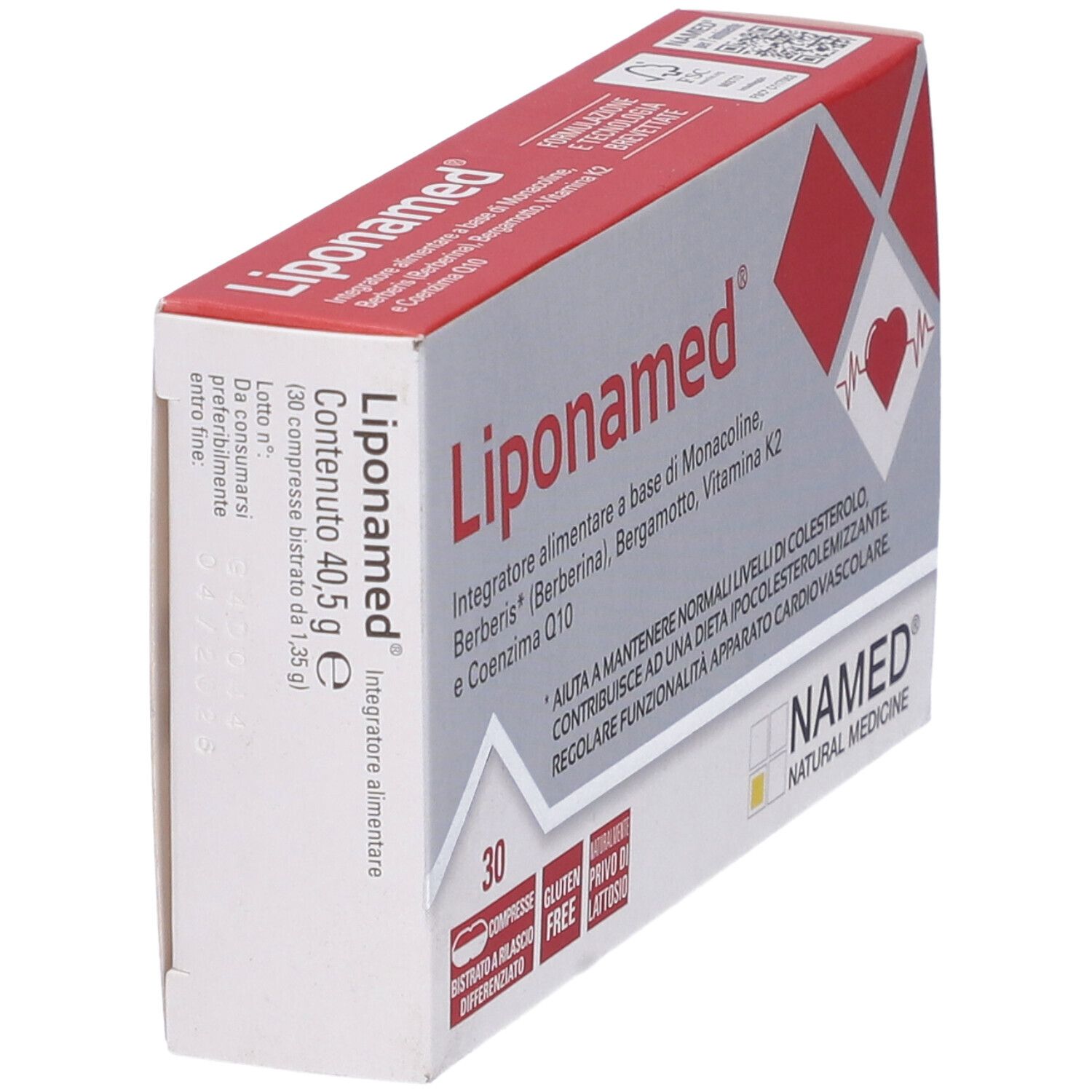 Schachtel 'Liponamed'. Rote und weiße Verpackung mit Produktnamen, Inhaltsstoffen und Logo. 30 Tabletten.