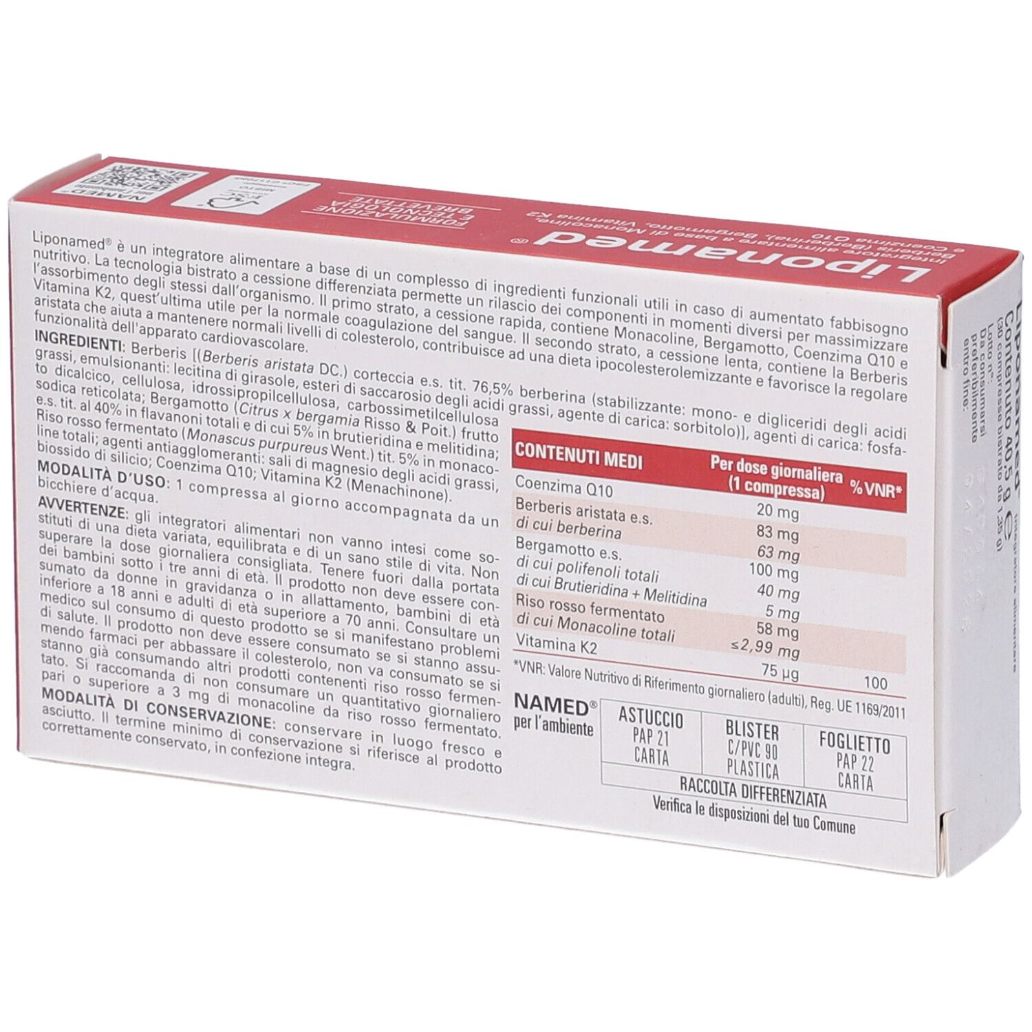 Rückseite der 'Liponamed'-Verpackung. Enthält Informationen zu Inhaltsstoffen, Dosierung und Hersteller.