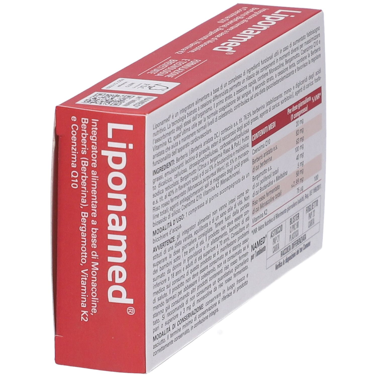 Seitenansicht der 'Liponamed'-Verpackung. Enthält Informationen zu Inhaltsstoffen und Hersteller.
