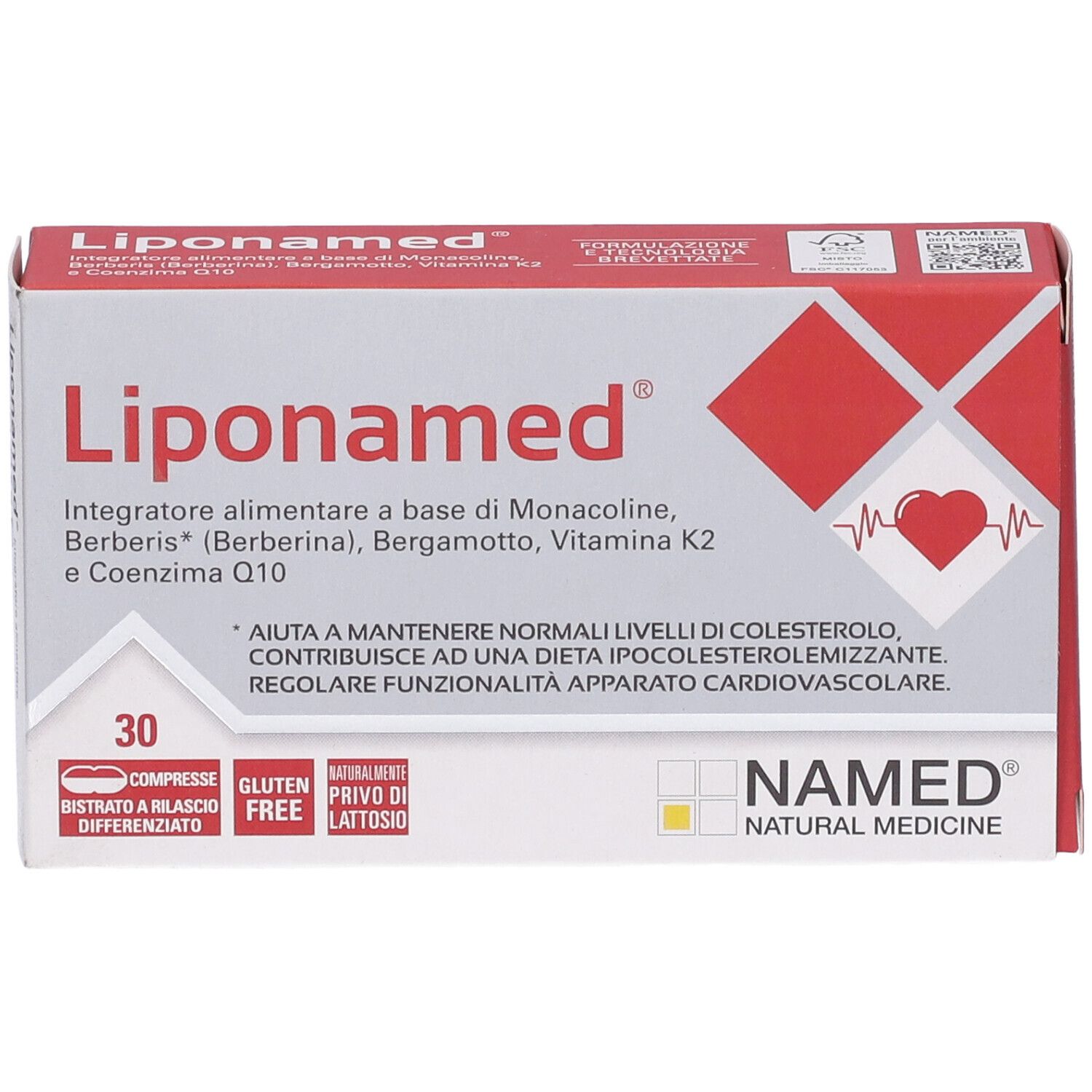 Verpackung 'Liponamed'. Rote und weiße Schachtel mit Produktnamen, Inhaltsstoffen und Logo. 30 Tabletten.
