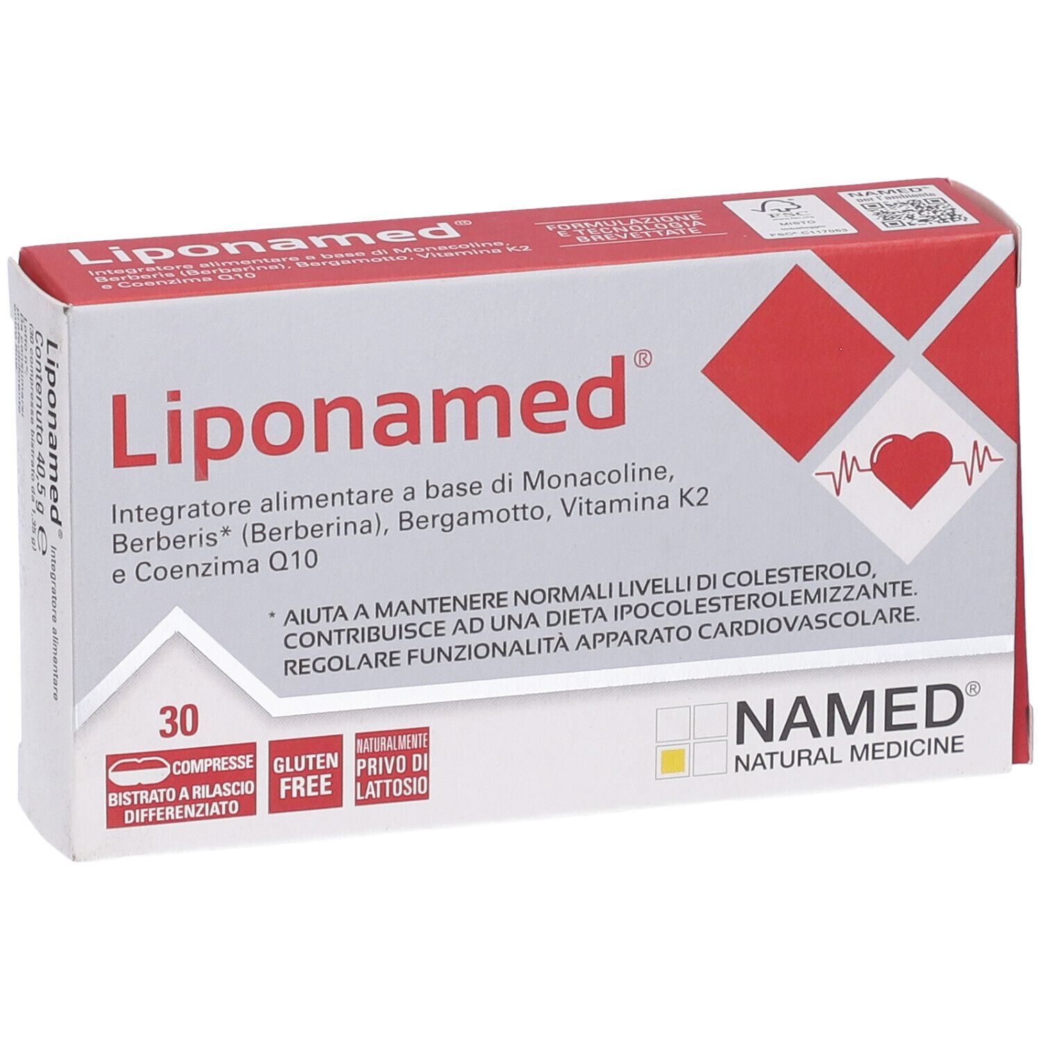 Verpackung 'Liponamed'. Rote und weiße Schachtel mit Produktnamen, Inhaltsstoffen und Logo. 30 Tabletten.