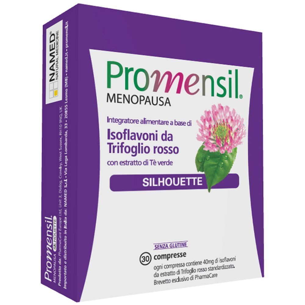 Promensil Silhouette, confezione da 30 compresse. Contiene isoflavoni di trifoglio rosso ed estratto di tè verde. Senza glutine.