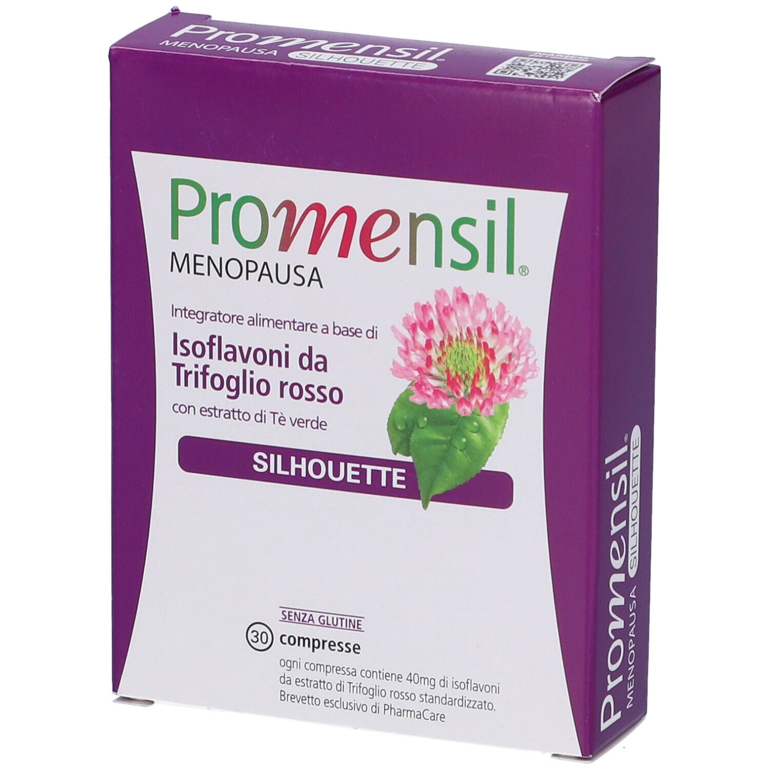 Promensil Silhouette, confezione da 30 compresse. Contiene isoflavoni di trifoglio rosso ed estratto di tè verde. Senza glutine.