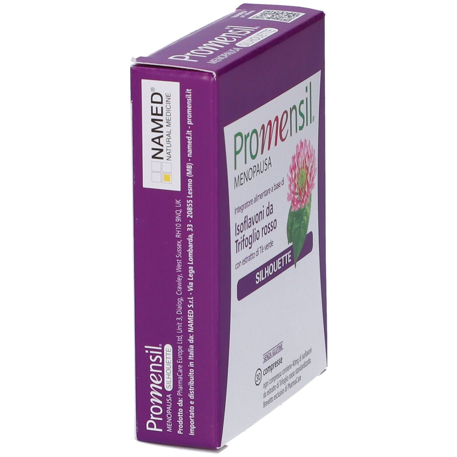 Promensil Silhouette, confezione da 30 compresse. Contiene isoflavoni di trifoglio rosso ed estratto di tè verde. Senza glutine.