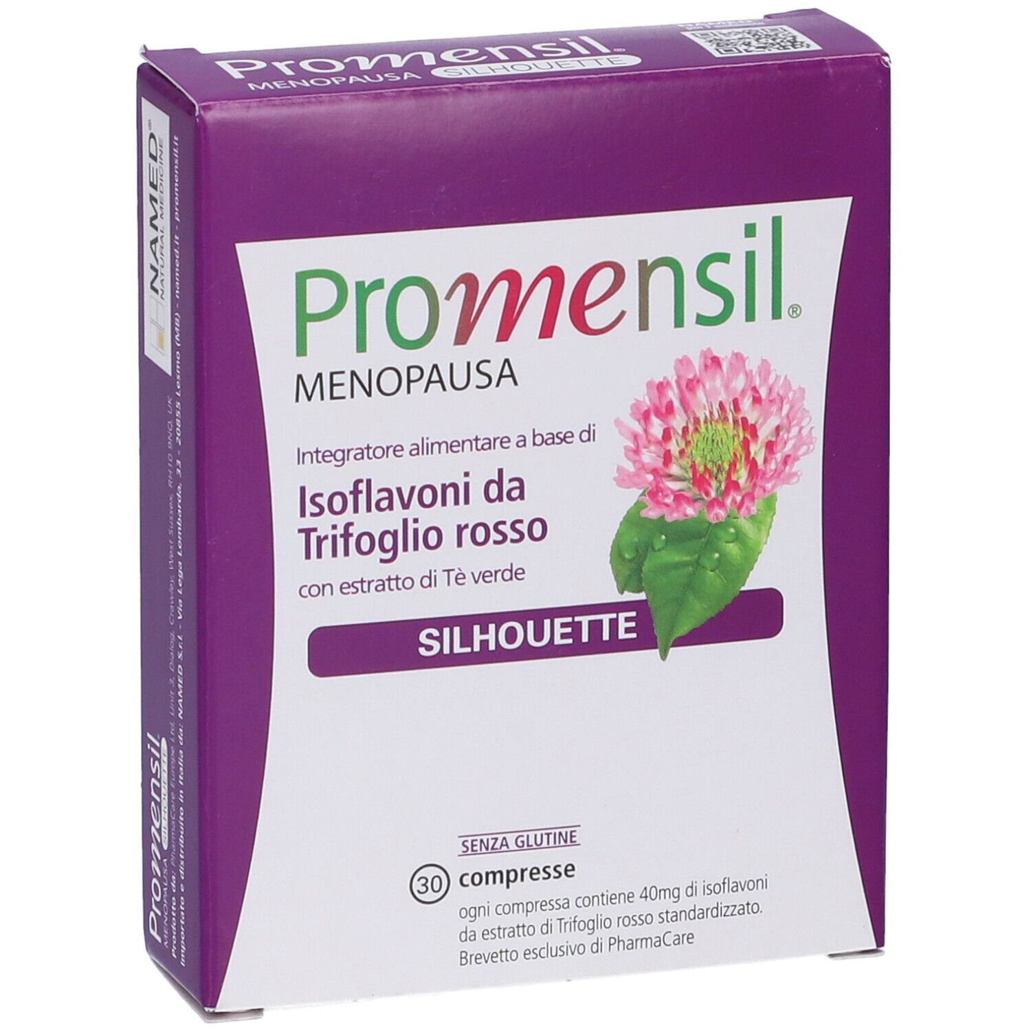 Promensil Silhouette, confezione da 30 compresse. Contiene isoflavoni di trifoglio rosso ed estratto di tè verde. Senza glutine.