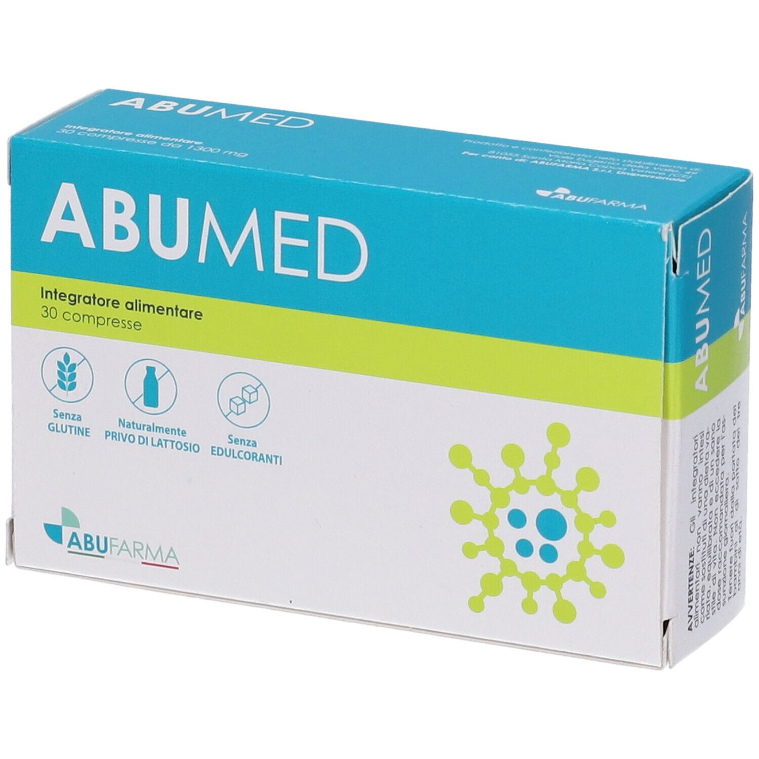 Scatola ABUMED, 30 compresse. Confezione blu e verde con logo e informazioni.