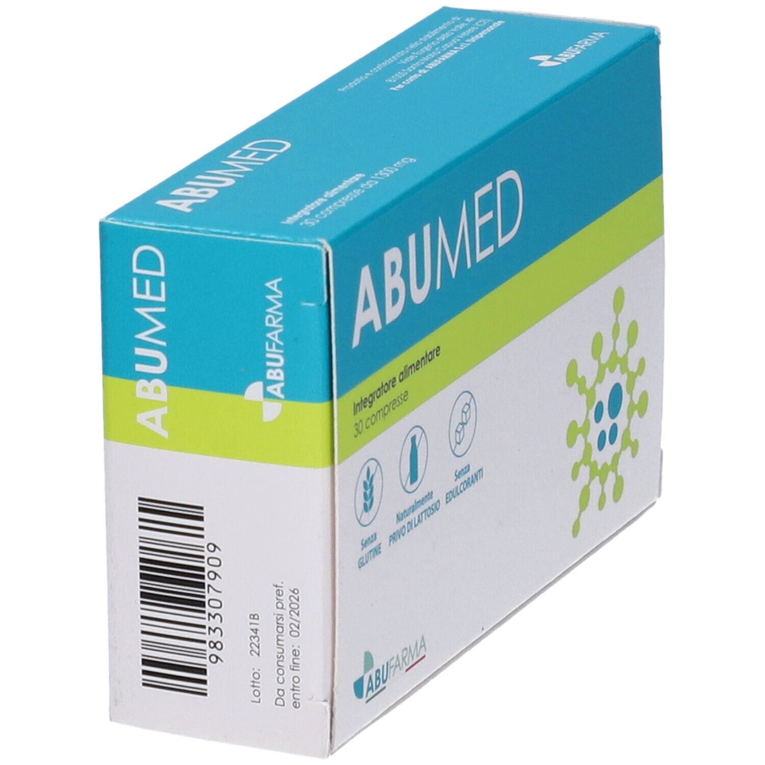 Scatola ABUMED, angolata. Confezione blu e verde con logo e informazioni.