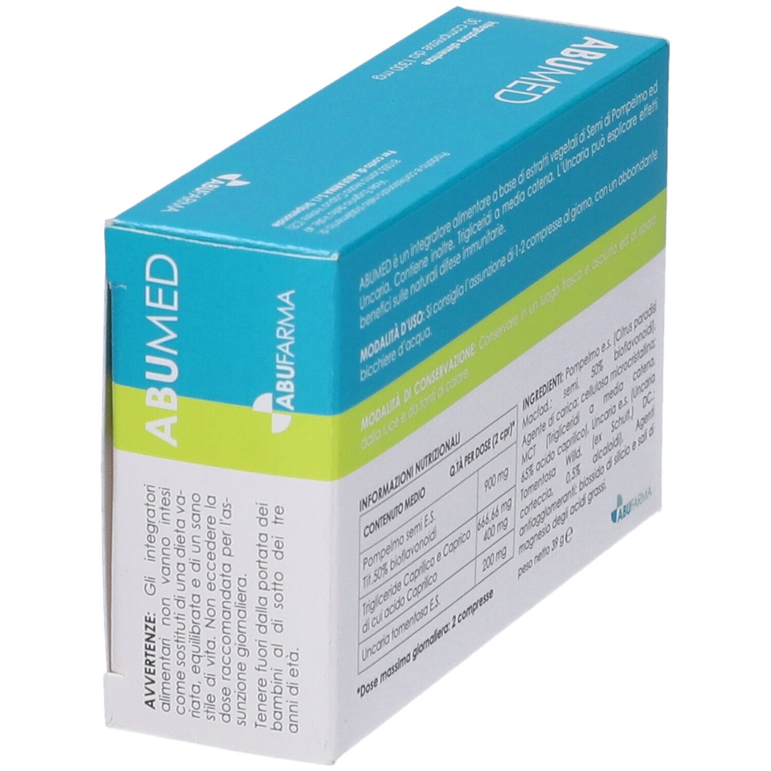 Scatola ABUMED, angolata. Testo con ingredienti e informazioni nutrizionali.