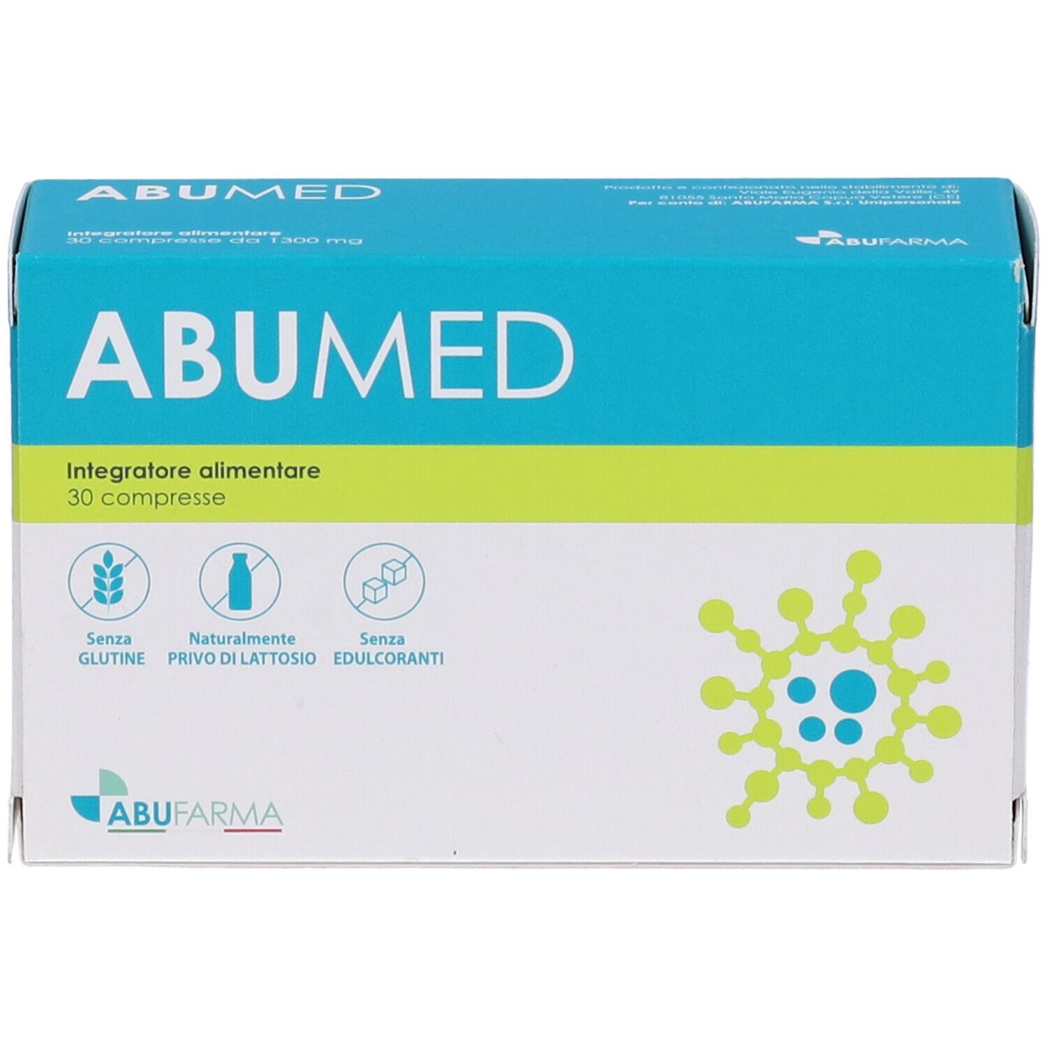 Scatola ABUMED, 30 compresse. Confezione blu e verde con logo e informazioni.