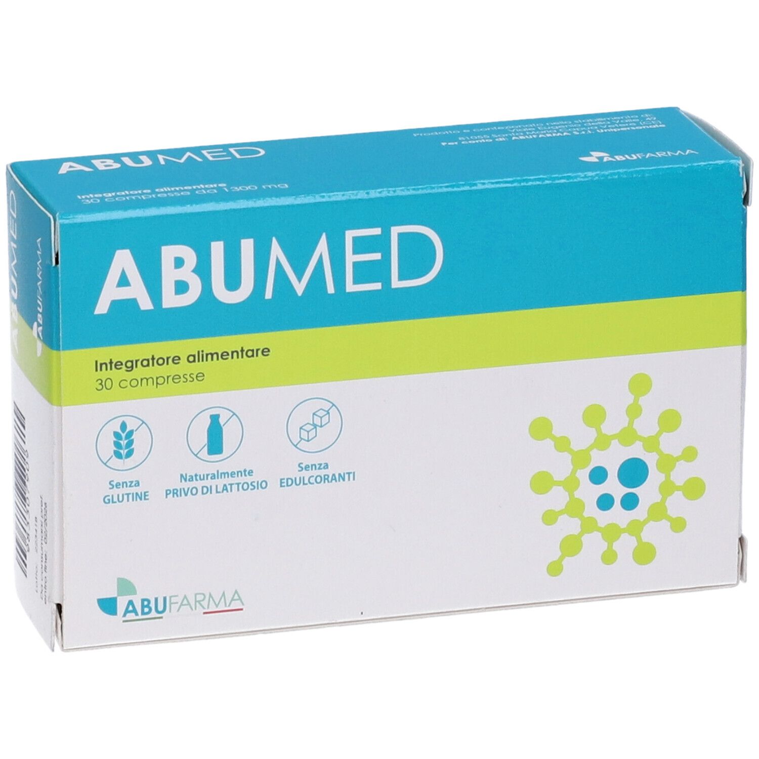 Scatola ABUMED, 30 compresse. Confezione blu e verde con logo e informazioni.