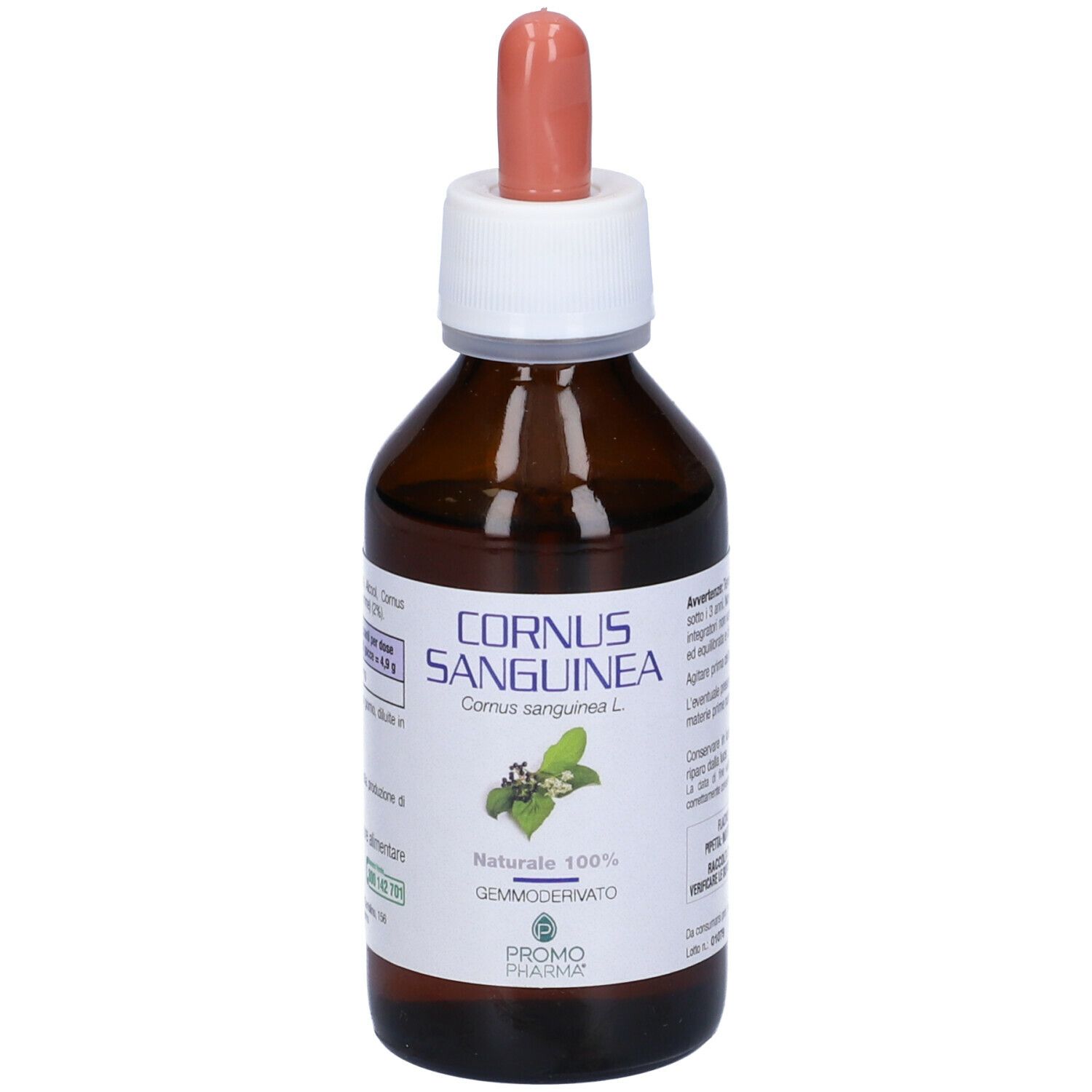 Flacone di vetro marrone con contagocce. Scritta: CORNUS SANGUINEA, Gemmoderivato. Marchio: PromoPharma.