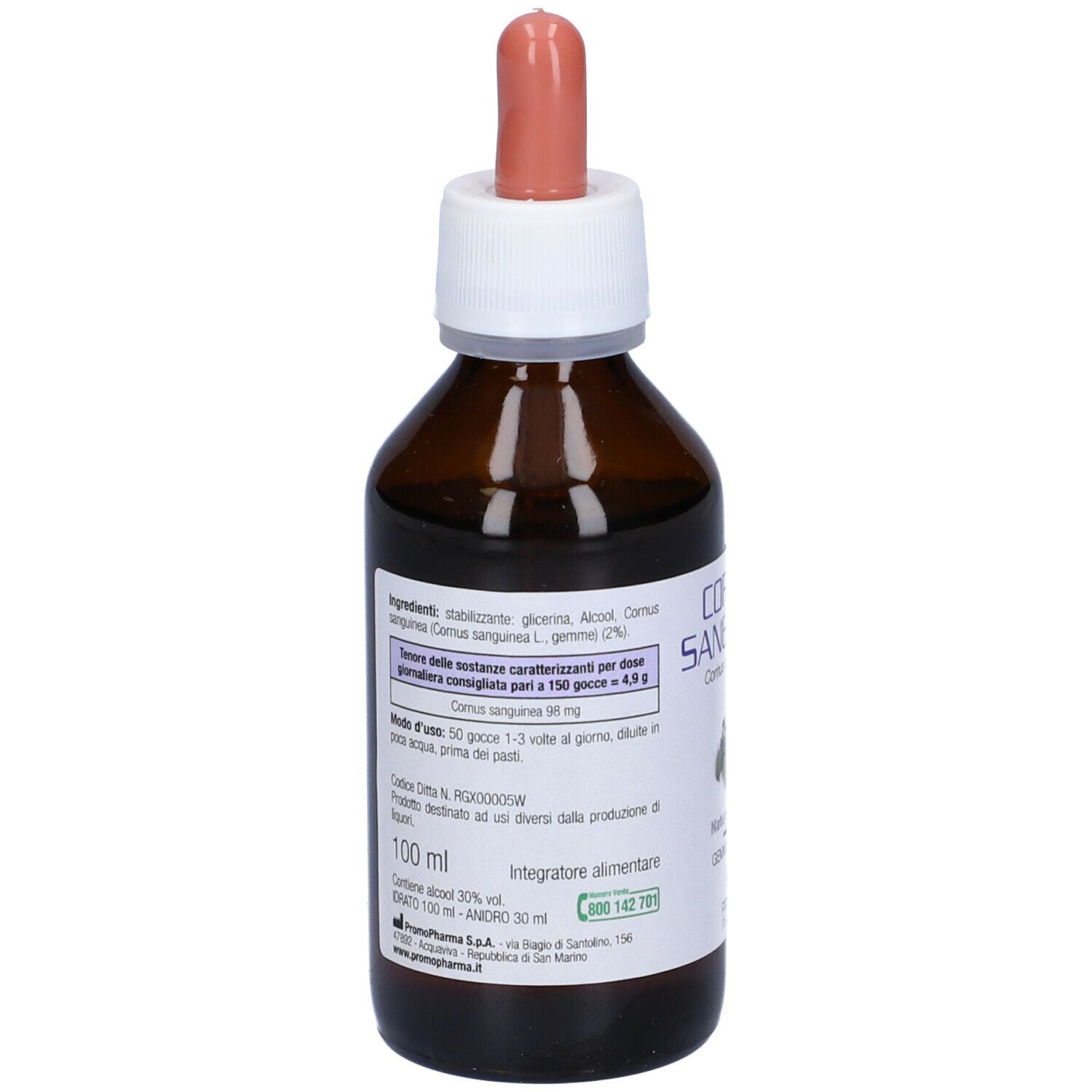 Retro di un flacone di vetro marrone con contagocce. Testo: Ingredienti, dosaggio, 100 ml. Marchio: PromoPharma.