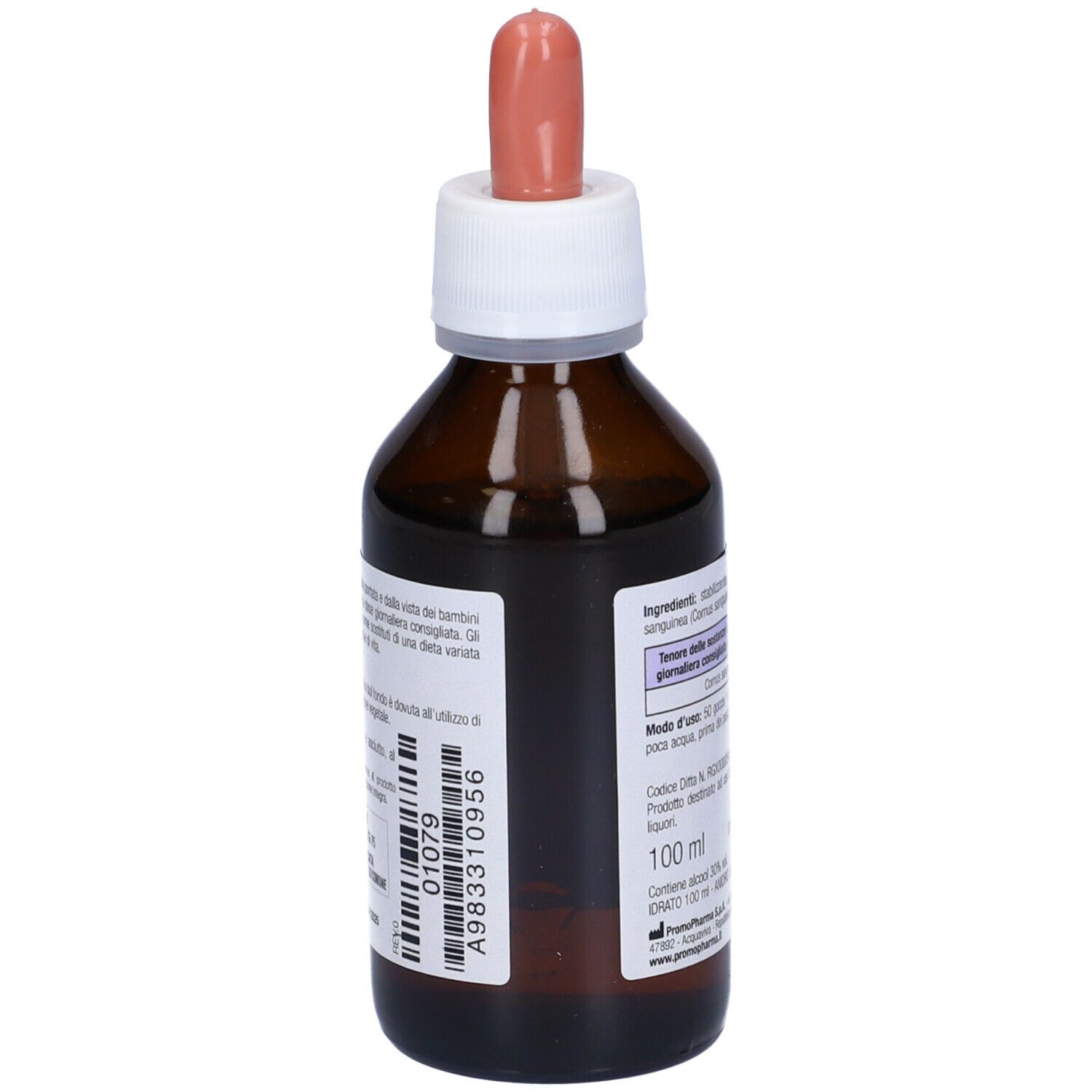 Retro di un flacone di vetro marrone con contagocce. Testo: 100 ml, numero di lotto, informazioni produttore.
