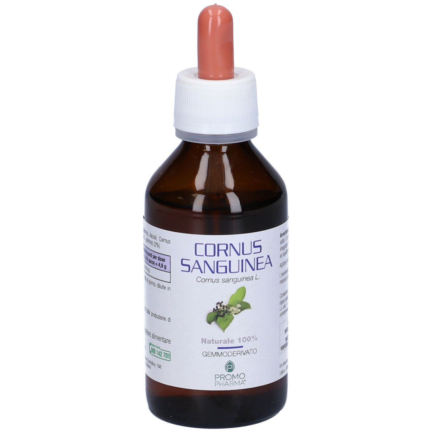 Flacone di vetro marrone con contagocce. Scritta: CORNUS SANGUINEA, Gemmoderivato. Marchio: PromoPharma.