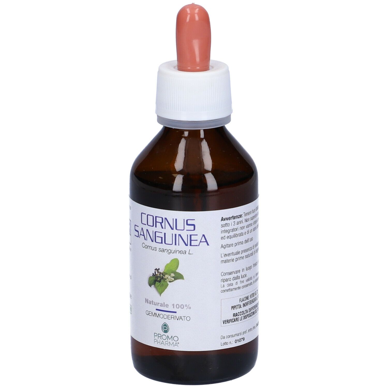 Flacone di vetro marrone con contagocce. Scritta: CORNUS SANGUINEA, Gemmoderivato. Marchio: PromoPharma.