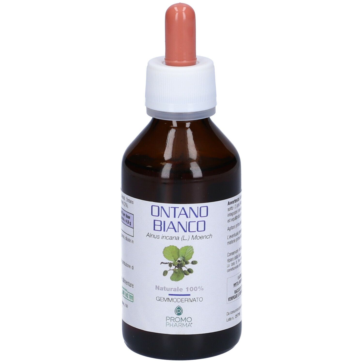 Flacone di vetro marrone con tappo bianco e contagocce rosa. Scritta: Ontano Bianco, PromoPharma.