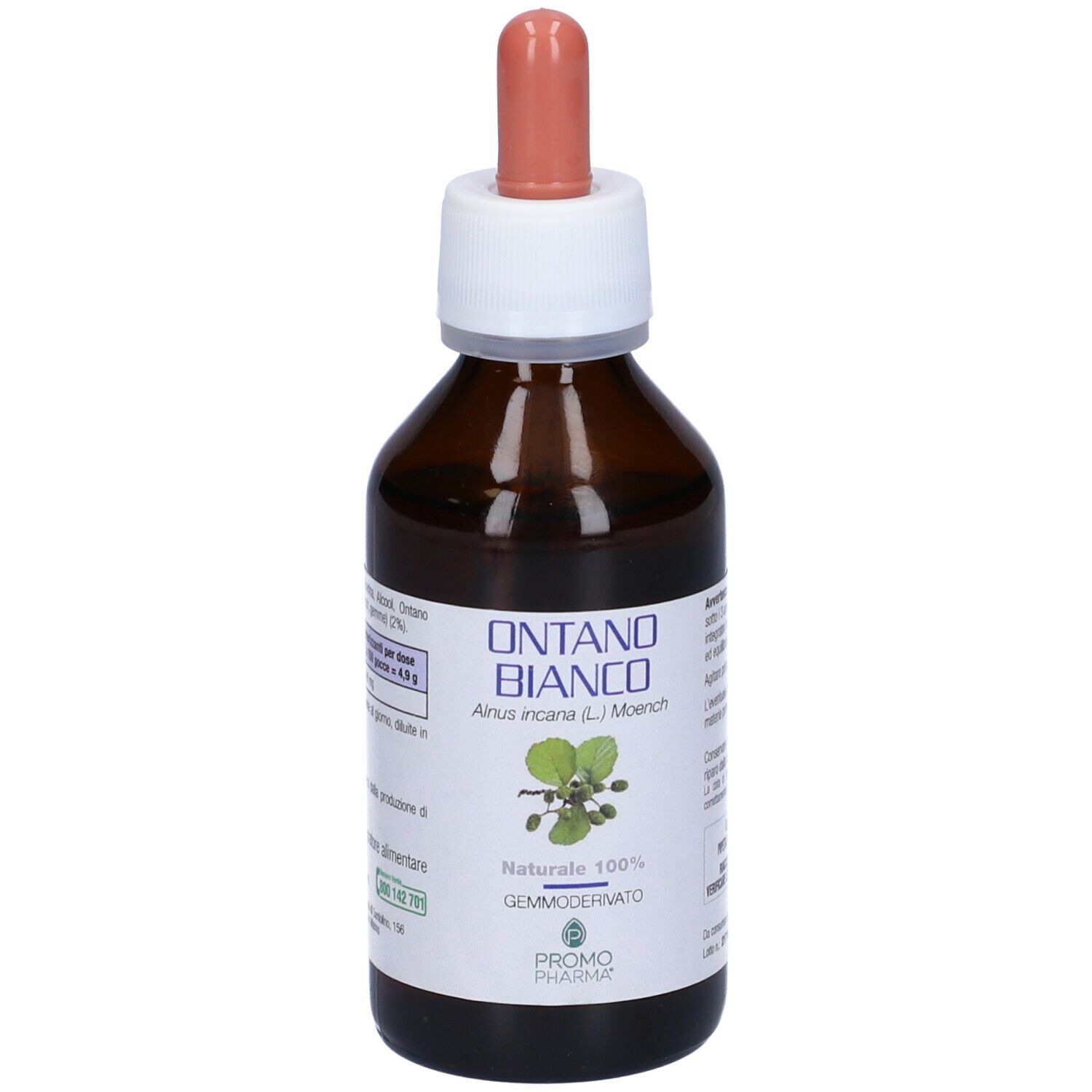 Flacone di vetro marrone con tappo bianco e contagocce rosa. Scritta: Ontano Bianco, PromoPharma.