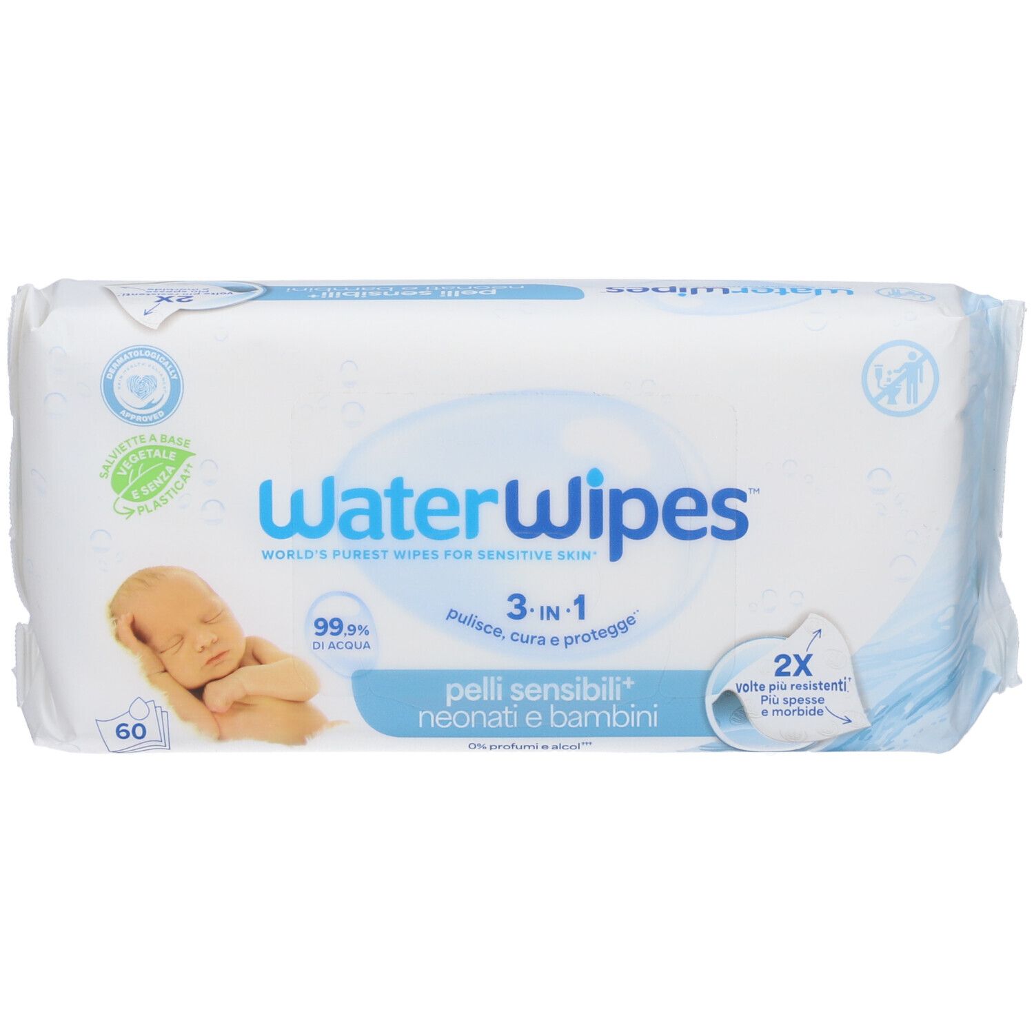 Feuchttücherpackung mit Baby-Motiv, 99,9% Wasser, für empfindliche Haut, Neugeborene und Kinder.