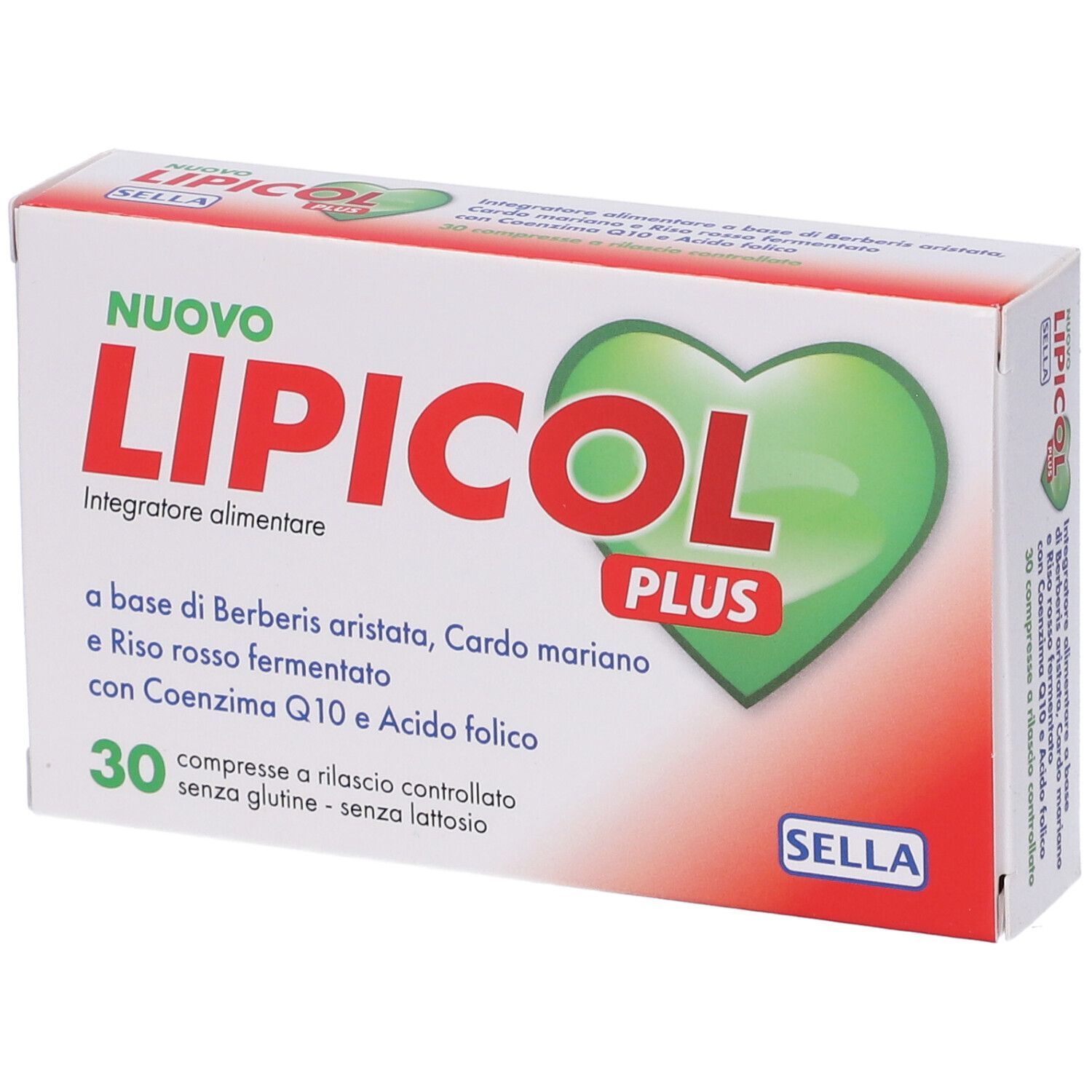 Scatola con testo rosso e verde. Scritto: LIPICOL PLUS, 30 compresse, senza glutine e lattosio. Marchio: SELLA.