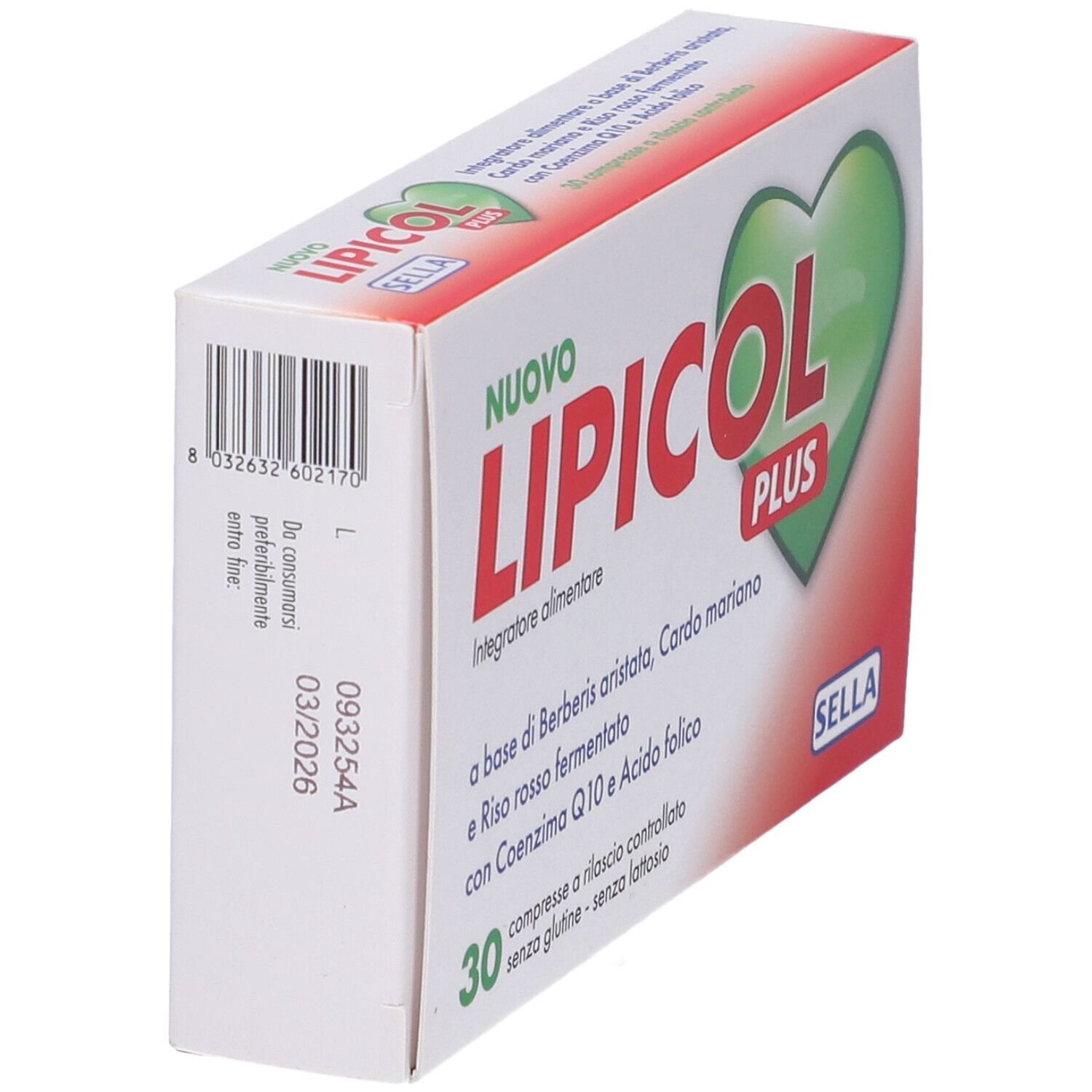 Scatola angolata con testo rosso e verde. Scritto: LIPICOL PLUS. Marchio: SELLA. Codice a barre e data di scadenza.