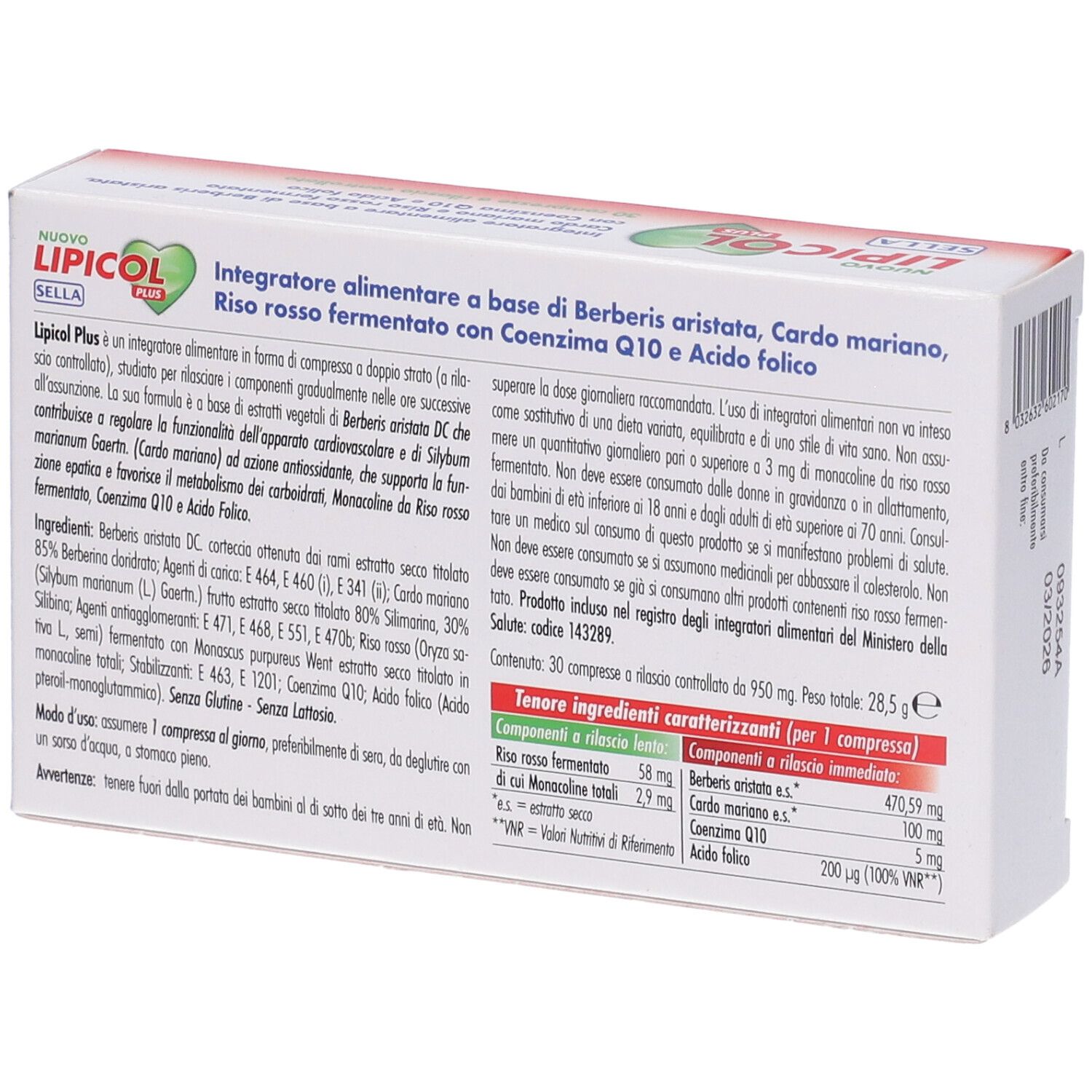 Retro della scatola con testo. Contiene informazioni sugli ingredienti e i valori nutrizionali. Marchio: SELLA. Nome del prodotto: LIPICOL PLUS.