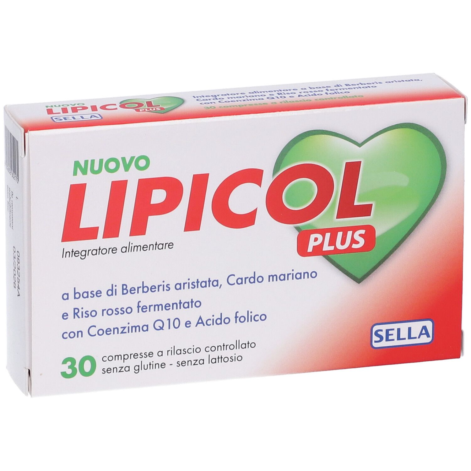 Scatola con testo rosso e verde. Scritto: LIPICOL PLUS, 30 compresse, senza glutine e lattosio. Marchio: SELLA.